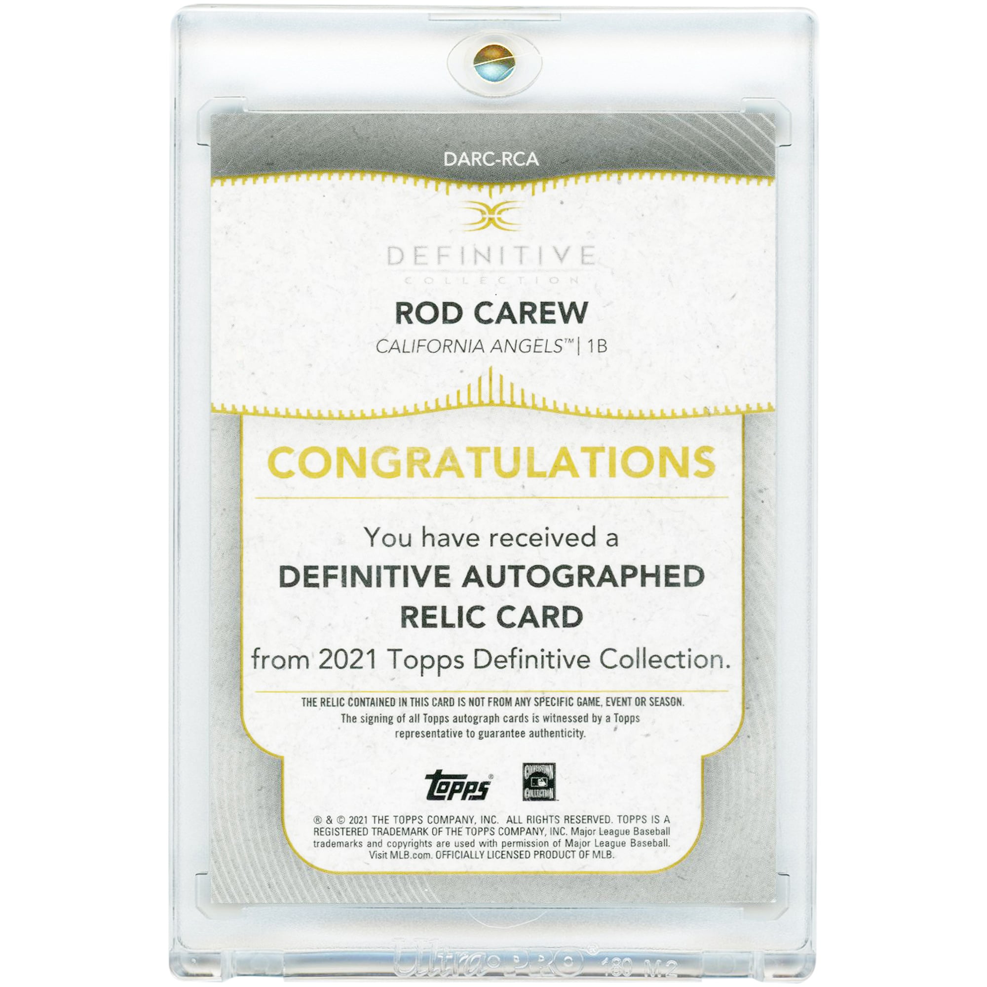 Carte relique de match autographiée par Rod Carew (Los Angeles Angels), collection Topps Definitive 2021, n° DARC-RCA, n° 10/50