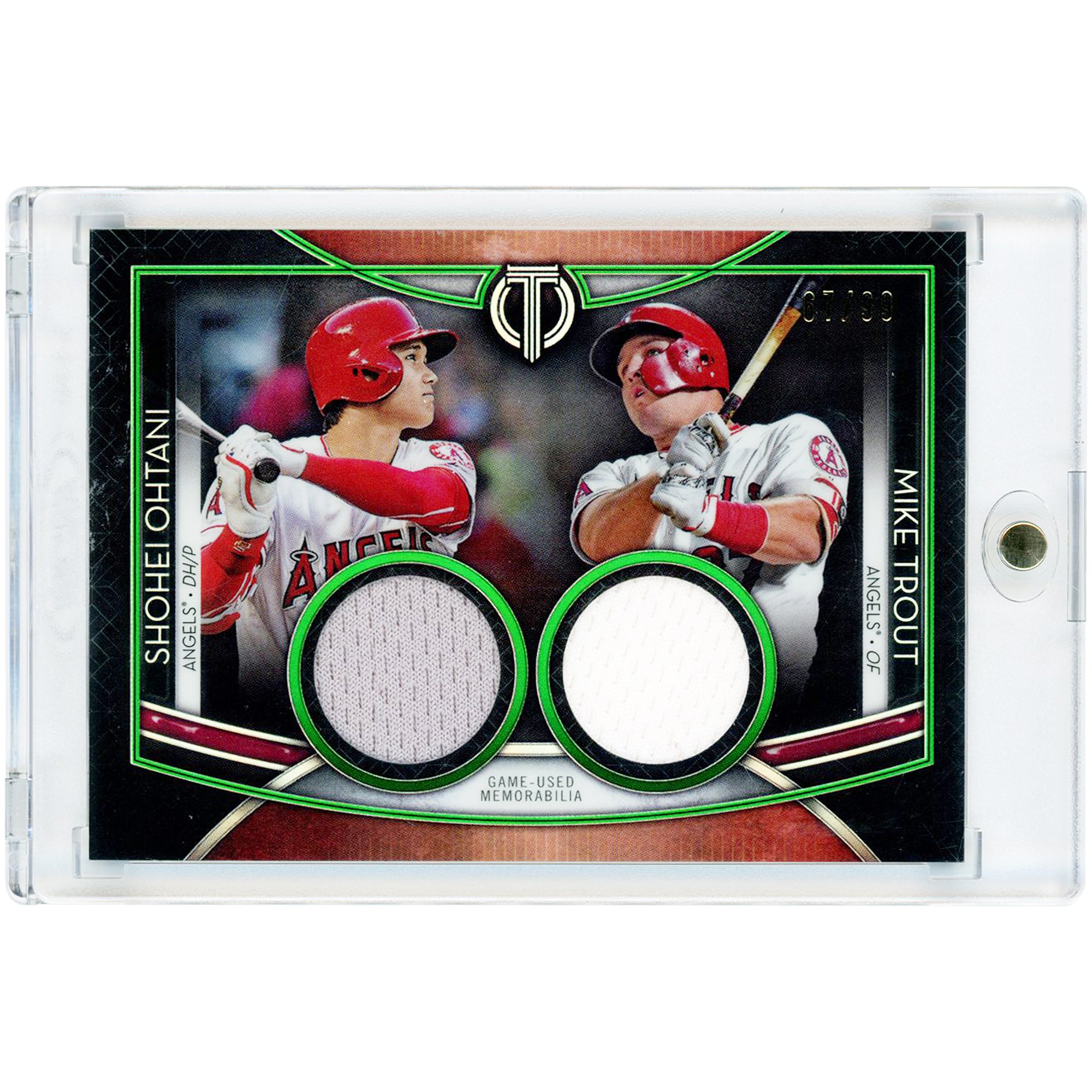 Carte Shohei Ohtani & Mike Trout Los Angeles Angels 2020 Topps Tribute Dual Dual-Color Game Used Jersey Relics #DR-OT #67/99