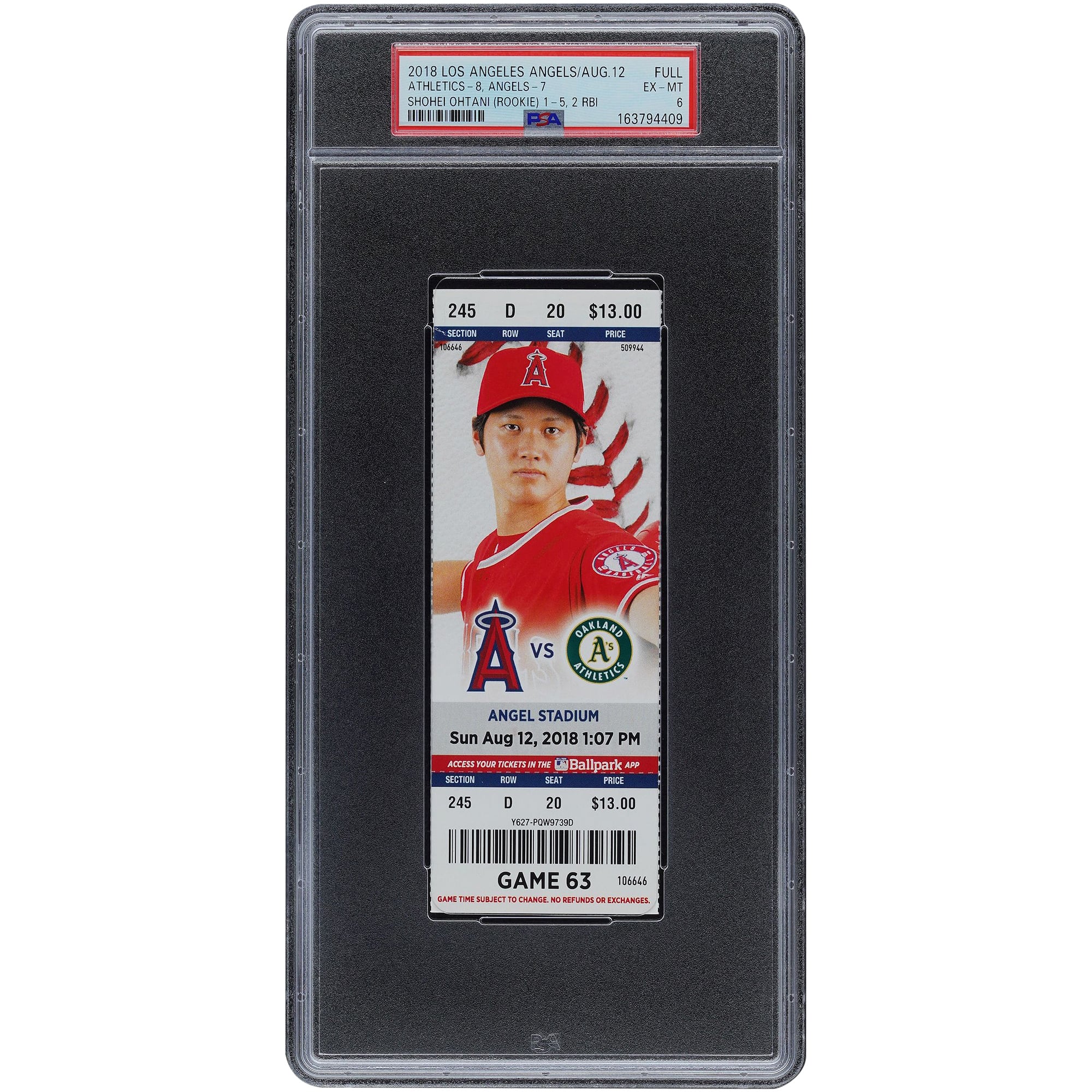 Shohei Ohtani Los Angeles Angels August 12, 2018 PSA Authenticated 6 Ticket