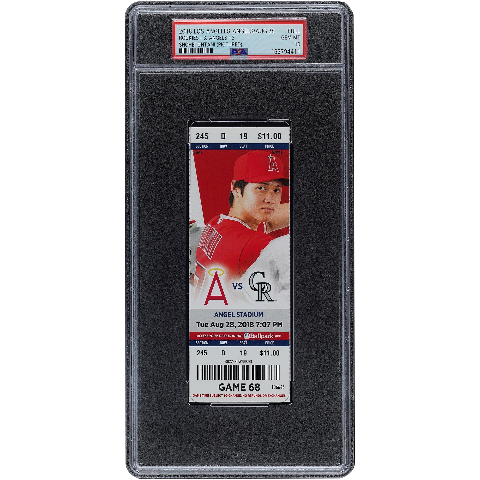 Shohei Ohtani, Los Angeles Angels, 28 août 2018. Billet authentifié par PSA.