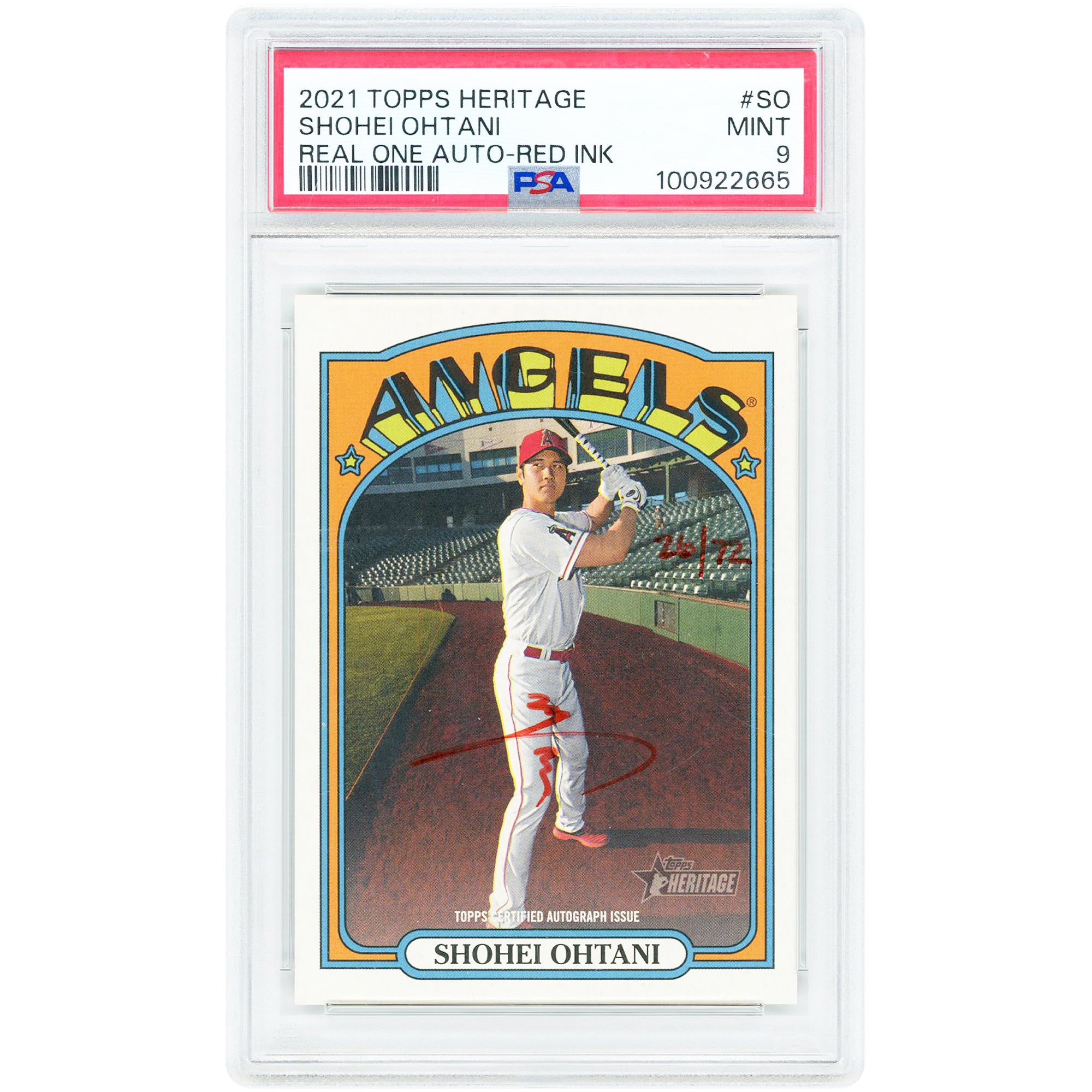 Carte autographiée par Shohei Ohtani (Los Angeles Angels) – Topps Heritage Real One 2021, encre rouge, n° ROA-SO n° 26/72, authentifiée par PSA 9