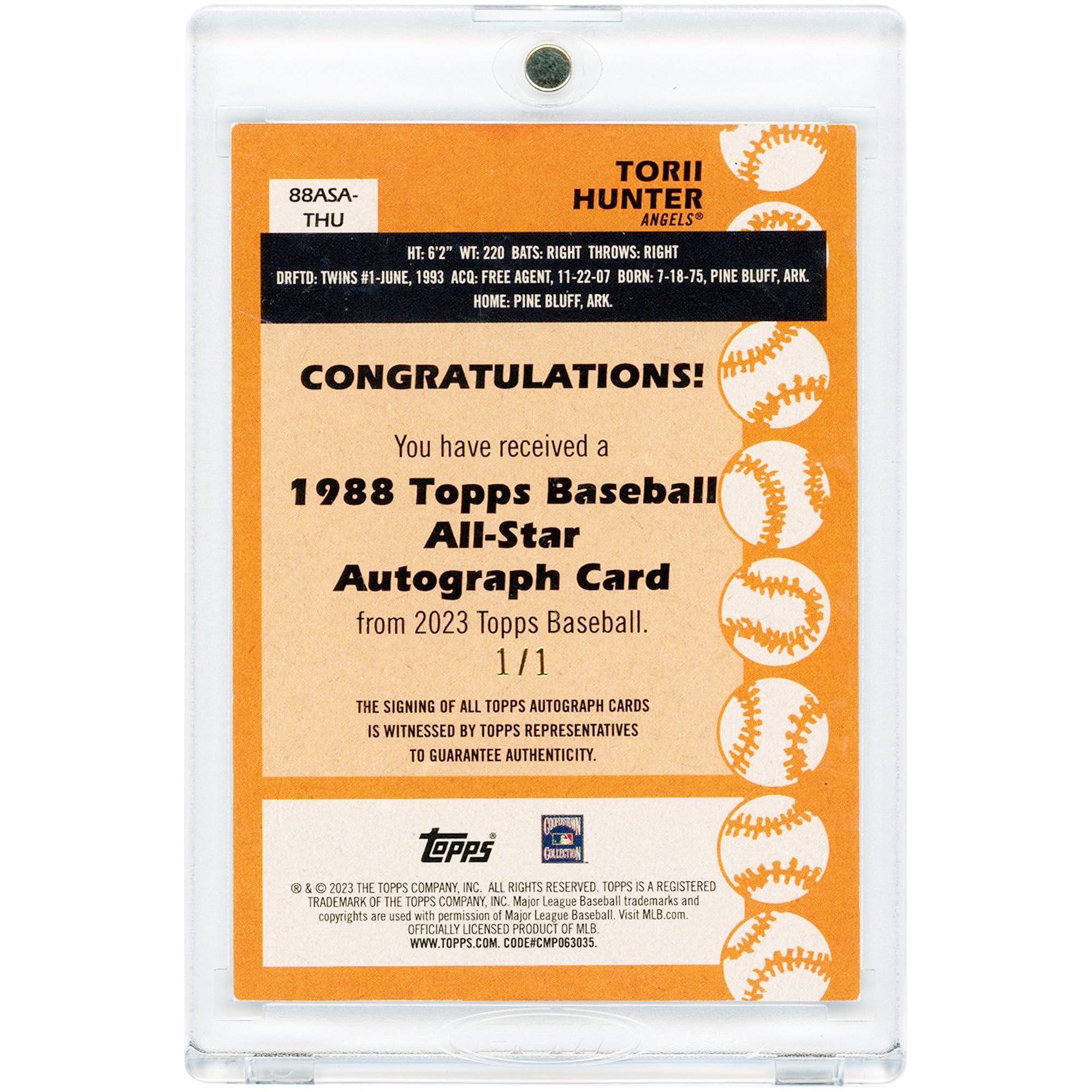 Carte autographiée de Torii Hunter (Los Angeles Angels), collection Topps Exquisite 2023, design Topps All Star 1988, n° 88ASA-THU, numéro 1/1