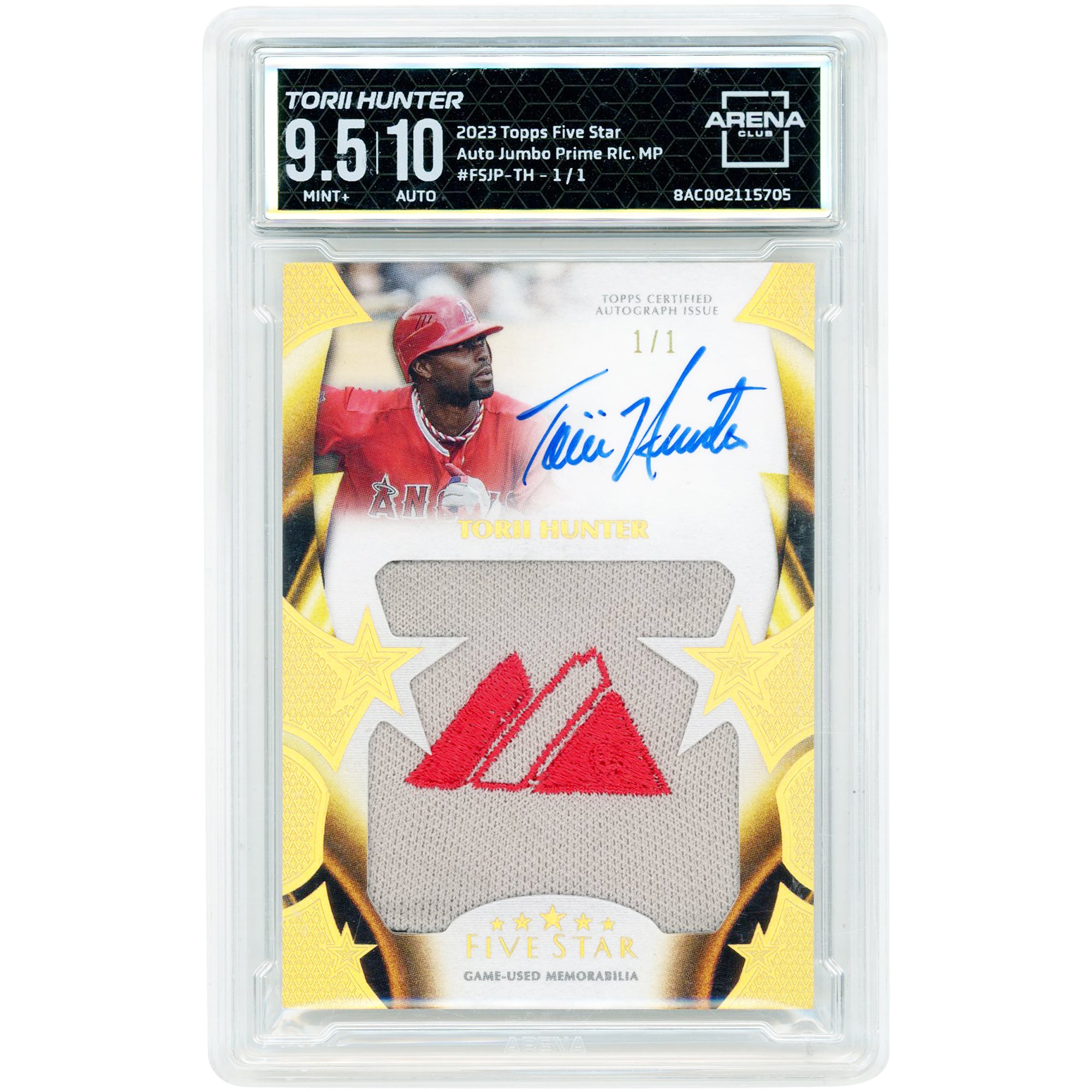 Carte autographiée par Torii Hunter des Los Angeles Angels, édition 2023 Topps Five Star Jumbo Patch, utilisée en match, logo Majestic, relique bicolore #FSJP-TH #1/1, authentifiée par Arena Club, état 9,5/10