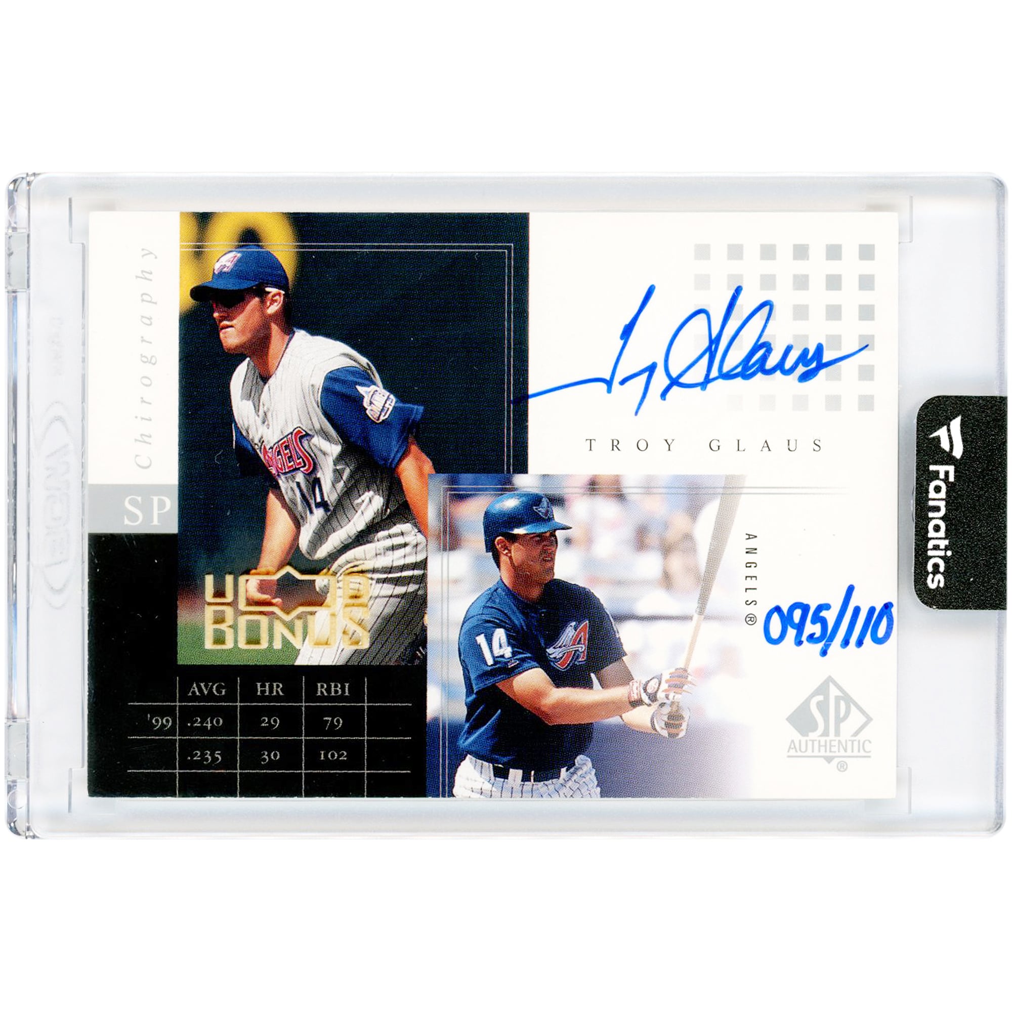 Carte de collection authentique de Troy Glaus (Los Angeles Angels) autographiée en 2003 par Upper Deck UD Bonus SP (numéro TG1, numéro 95/110).