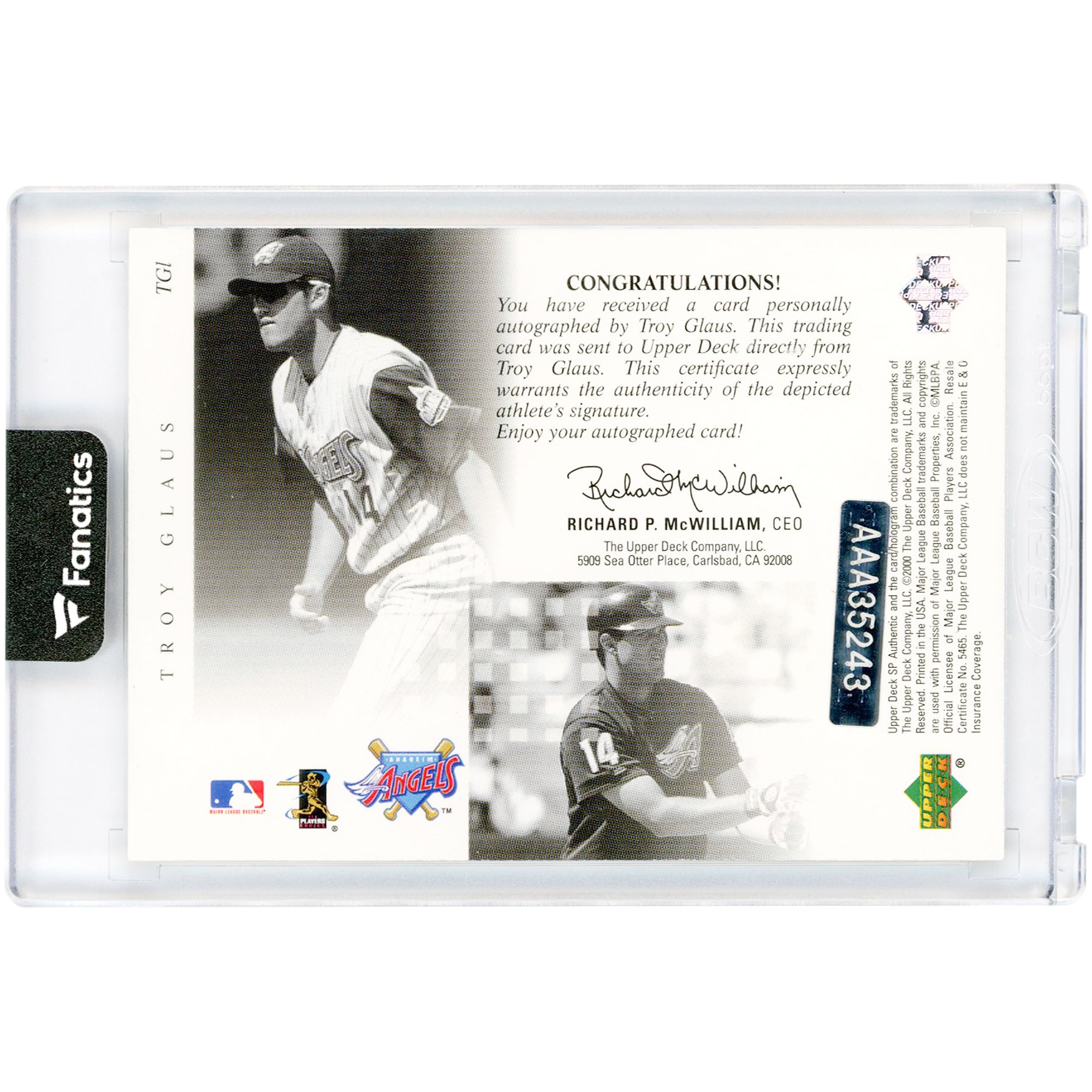 Carte de collection authentique de Troy Glaus (Los Angeles Angels) autographiée en 2003 par Upper Deck UD Bonus SP (numéro TG1, numéro 95/110).