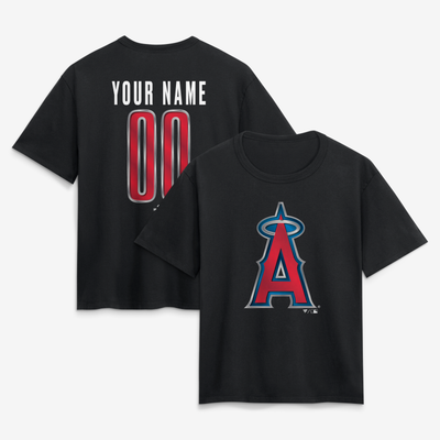 Los Angeles Angels Women's Metallic Mascot Personalized Name & Number T-Shirt - Black