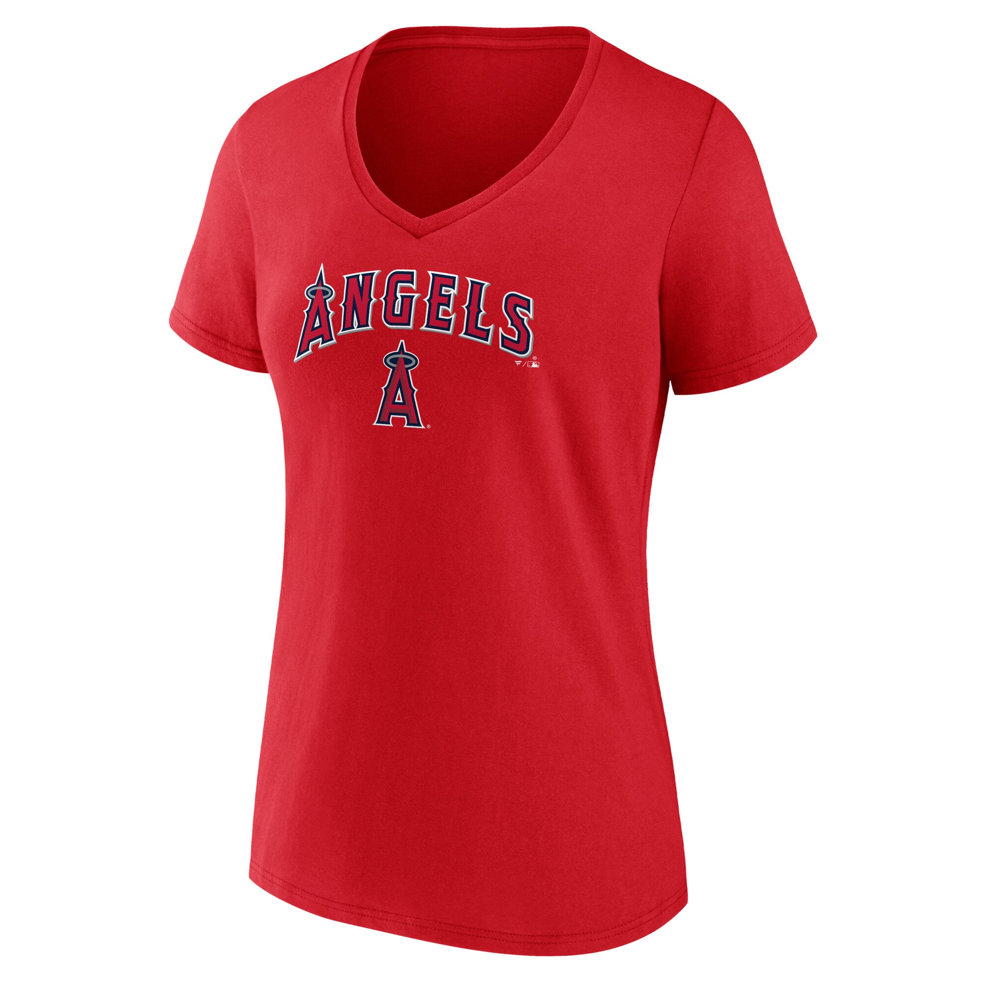 T-shirt à col en V rouge pour femme Los Angeles Angels Team Lockup