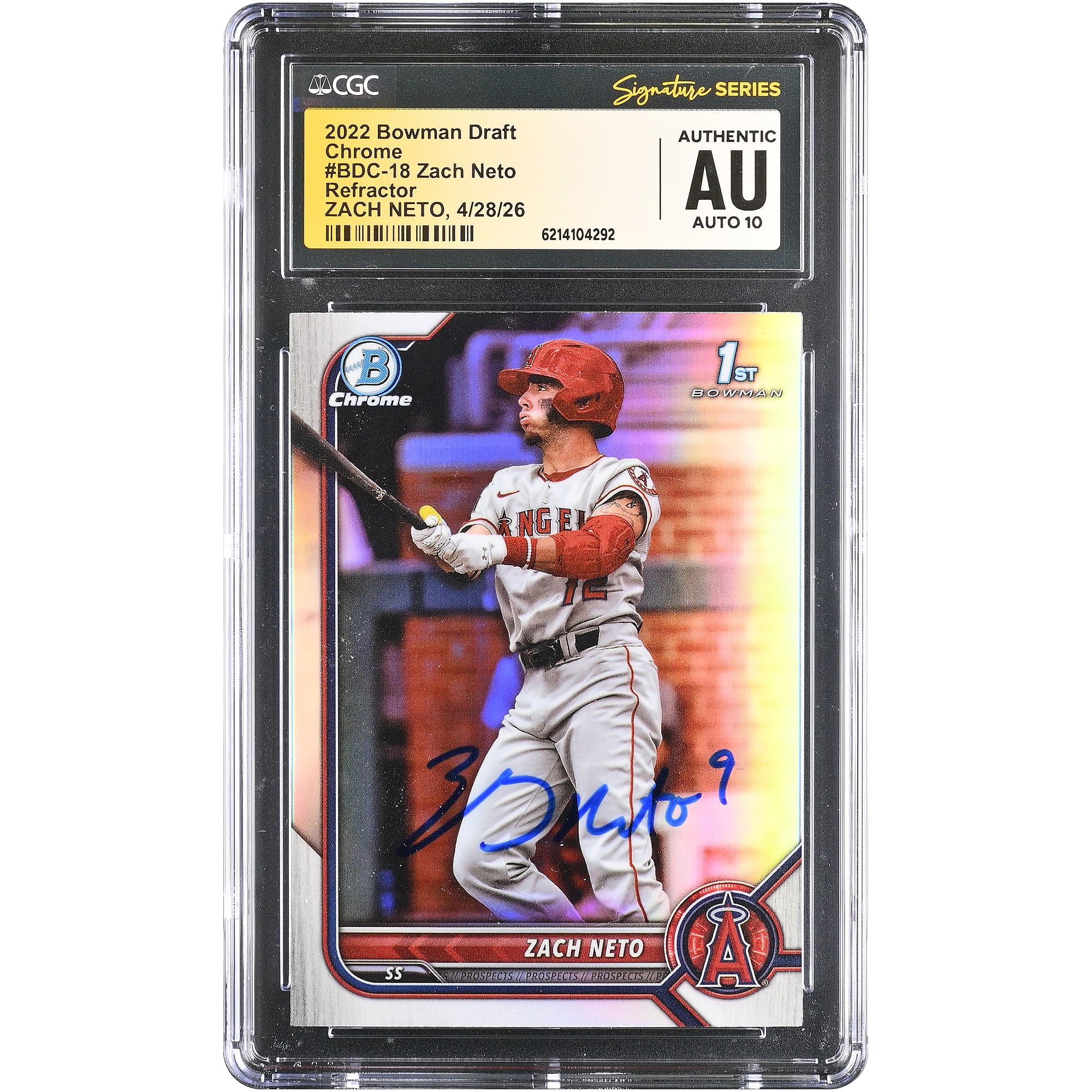 Carte autographiée de Zach Neto (Los Angeles Angels), Bowman Chrome Draft Refractor 2022, numéro BDC-18, authentifiée CGC Fanatics Witnessed AUTO 10.