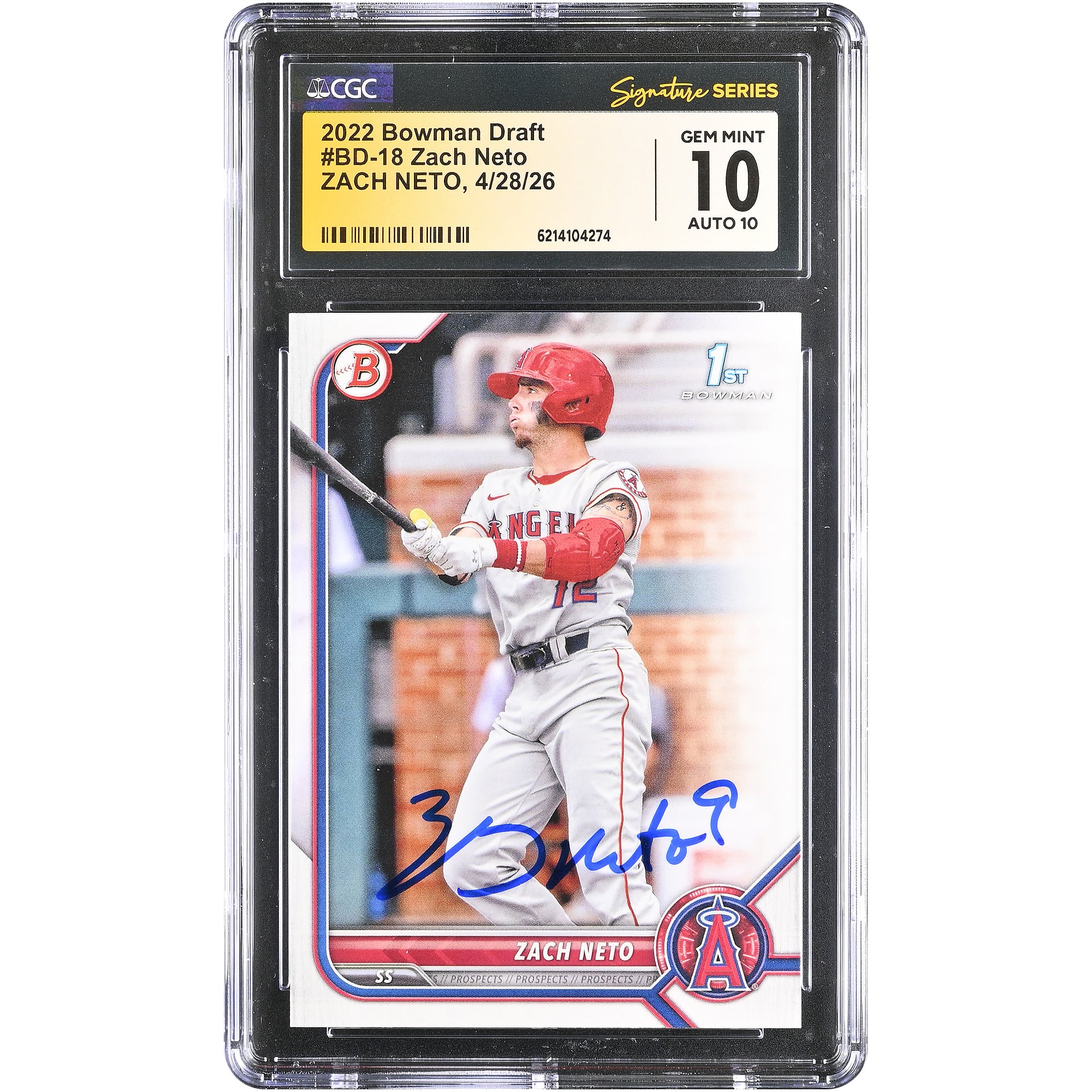 Carte autographiée de Zach Neto (Los Angeles Angels), repêchage Bowman 2022, numéro BD-18, authentifiée CGC Fanatics Witnessed, état 10/10