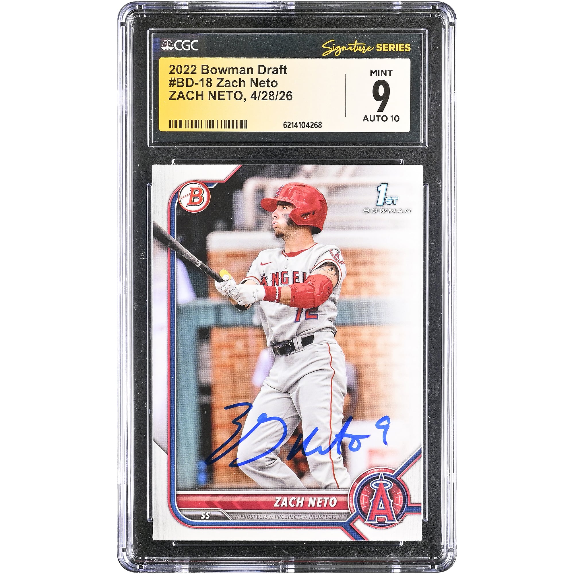 Carte autographiée de Zach Neto (Los Angeles Angels), repêchage Bowman 2022, numéro BD-18, authentifiée par Fanatics Witnessed (CGC, état 9/10).