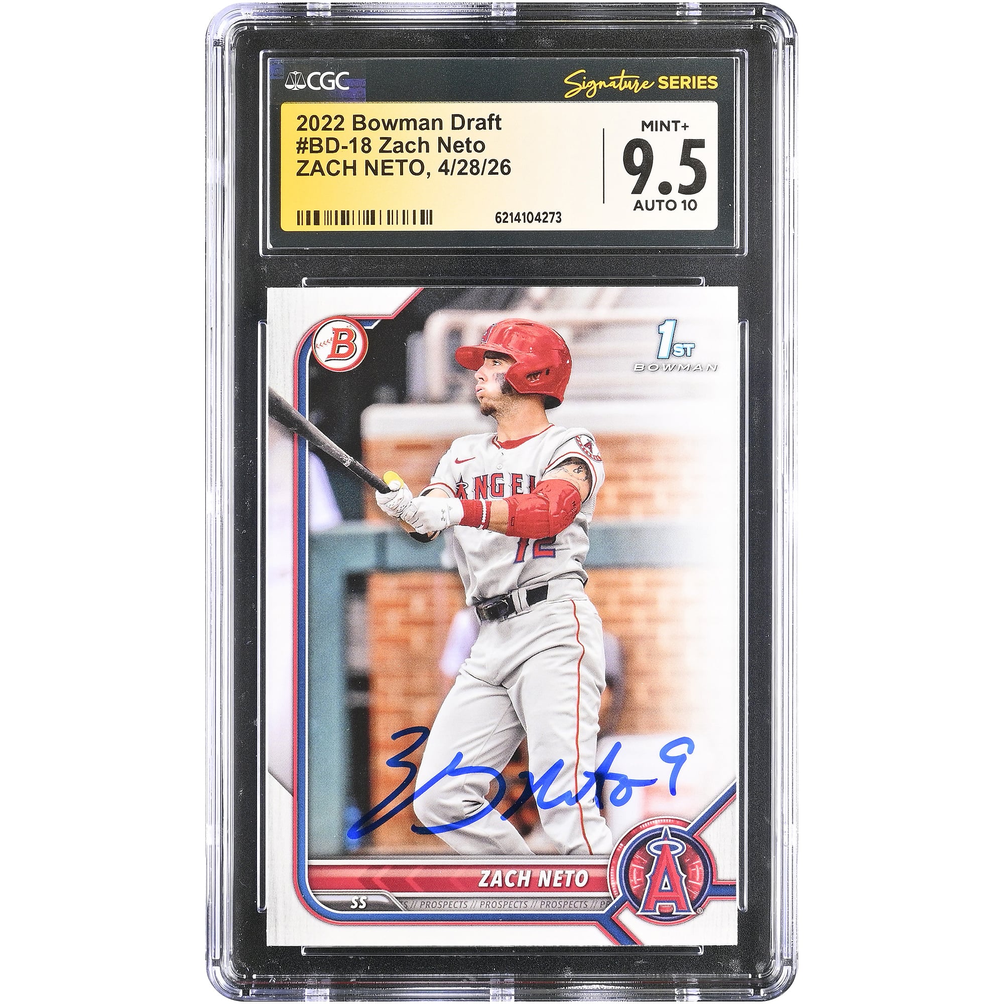 Carte autographiée de Zach Neto (Los Angeles Angels), repêchage Bowman 2022, numéro BD-18, authentifiée par Fanatics Witnessed (CGC), état 9,5/10