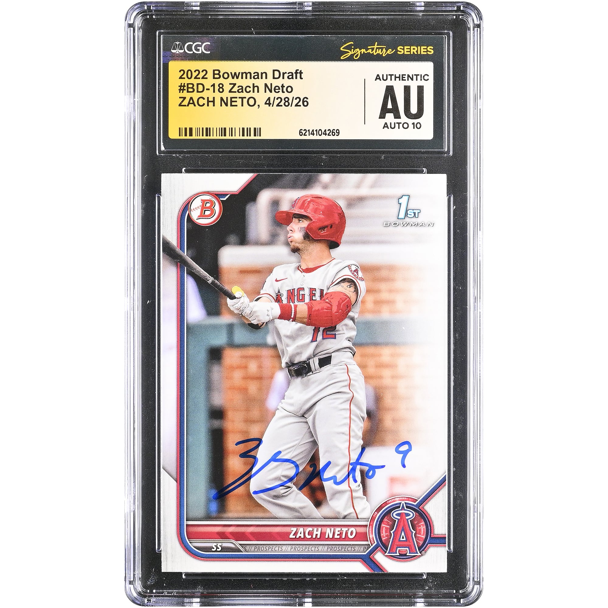Carte autographiée de Zach Neto (Los Angeles Angels), repêchage Bowman 2022, numéro BD-18, certifiée CGC Fanatics Witnessed AUTO 10.