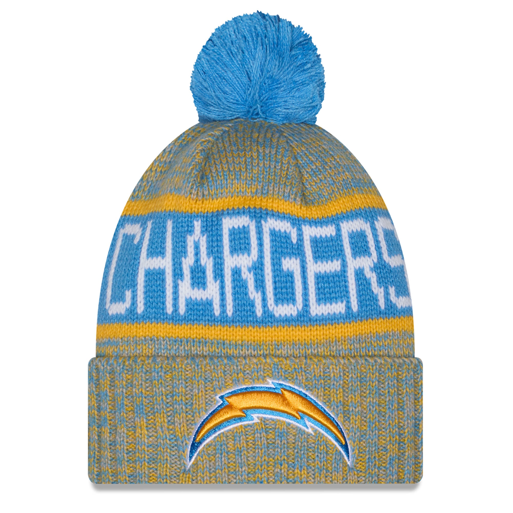 Bonnet à revers tricolore bleu poudré New Era Los Angeles Chargers pour fille, avec pompon