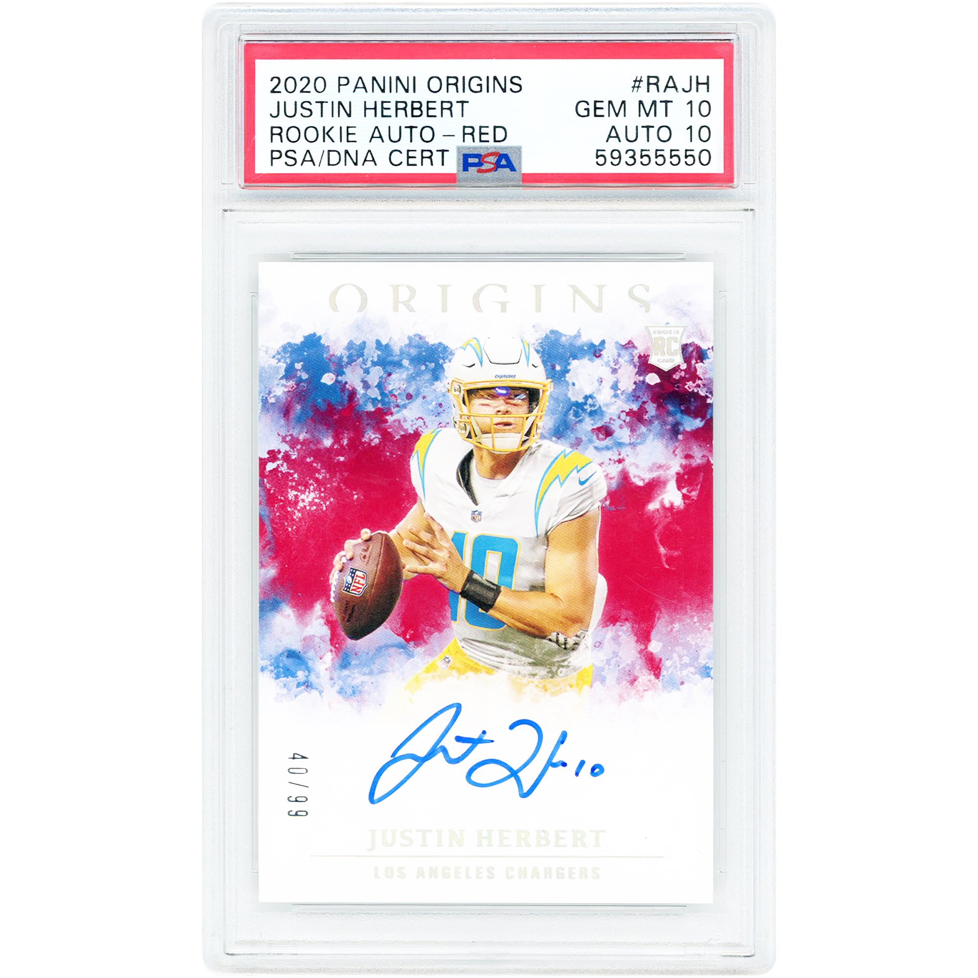 Carte recrue autographiée de Justin Herbert (Los Angeles Chargers), Panini Origins Red 2020, n° RA-JH, n° 40/99, authentifiée PSA 10/10.