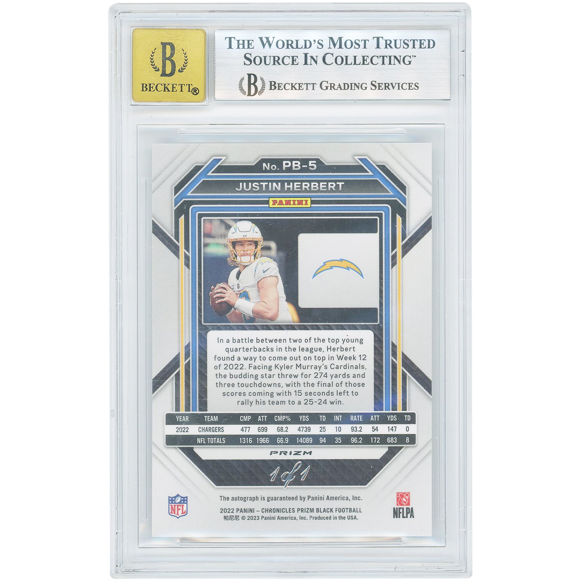 Justin Herbert Los Angeles Chargers Autographed 2022 Panini Chronicles Prizm Black Finite #PB-5 #1/1 BGS Authenticated 8.5/10 Rookie Card - 9.5,9.5,7.5,10 Subgrades
