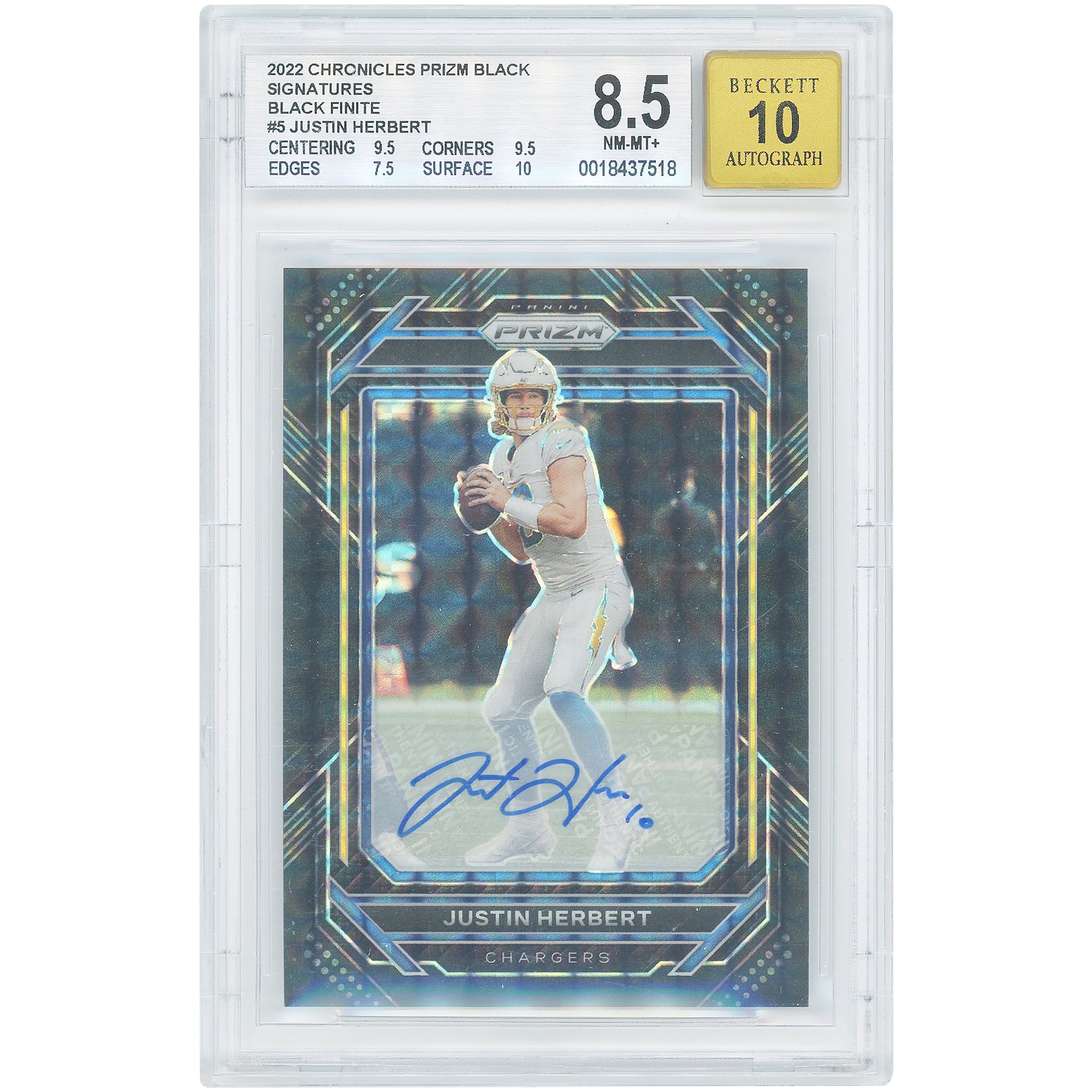 Justin Herbert Los Angeles Chargers Autographed 2022 Panini Chronicles Prizm Black Finite #PB-5 #1/1 BGS Authenticated 8.5/10 Rookie Card - 9.5,9.5,7.5,10 Subgrades