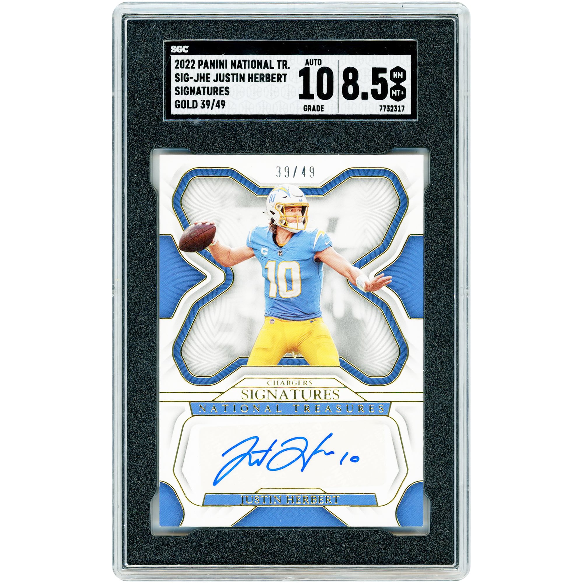 Justin Herbert Los Angeles Chargers Autographed 2022 Panini National Treasures Gold Signatures #SIG-JHE #39/49 SGC Authenticated 8.5/10 Card