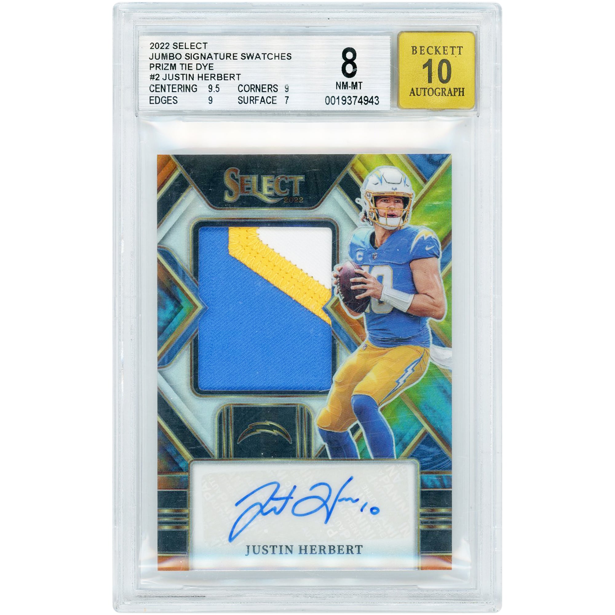 Justin Herbert Los Angeles Chargers Autographed 2022 Panini Select Jumbo Swatches Tri-Color Jersey Relic Tie-Dye Prizm #JUS-JH #19/25 BGS Authenticated 8/10 Card