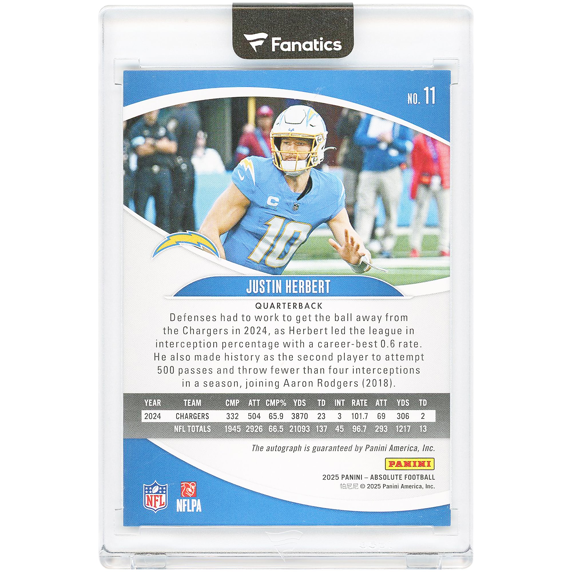 Justin Herbert Los Angeles Chargers Autographed 2025 Panini Absolute #11 Card