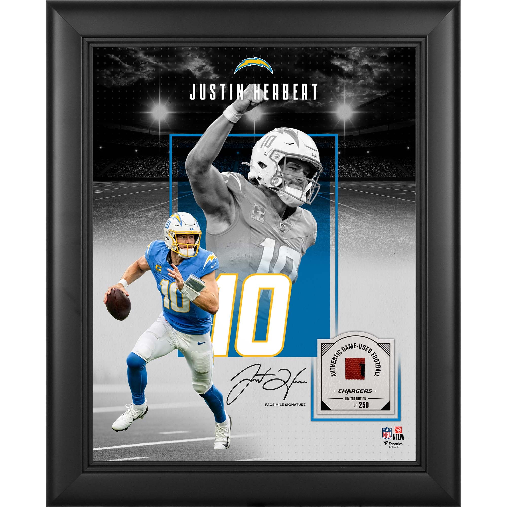 Justin Herbert Los Angeles Chargers Facsimile Signature Framed 11" x 14" Showcase Collage with a Piece of Game-Used Football - Limited Edition of 250