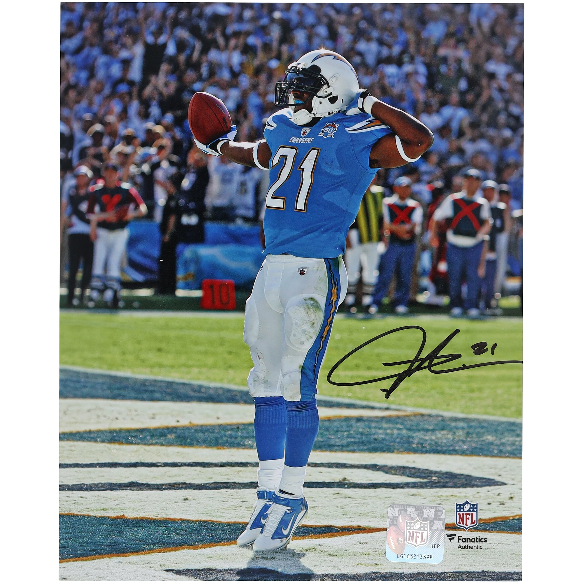 Photo de célébration de touchdown autographiée par LaDainian Tomlinson des Chargers de Los Angeles (8 x 10 pouces)
