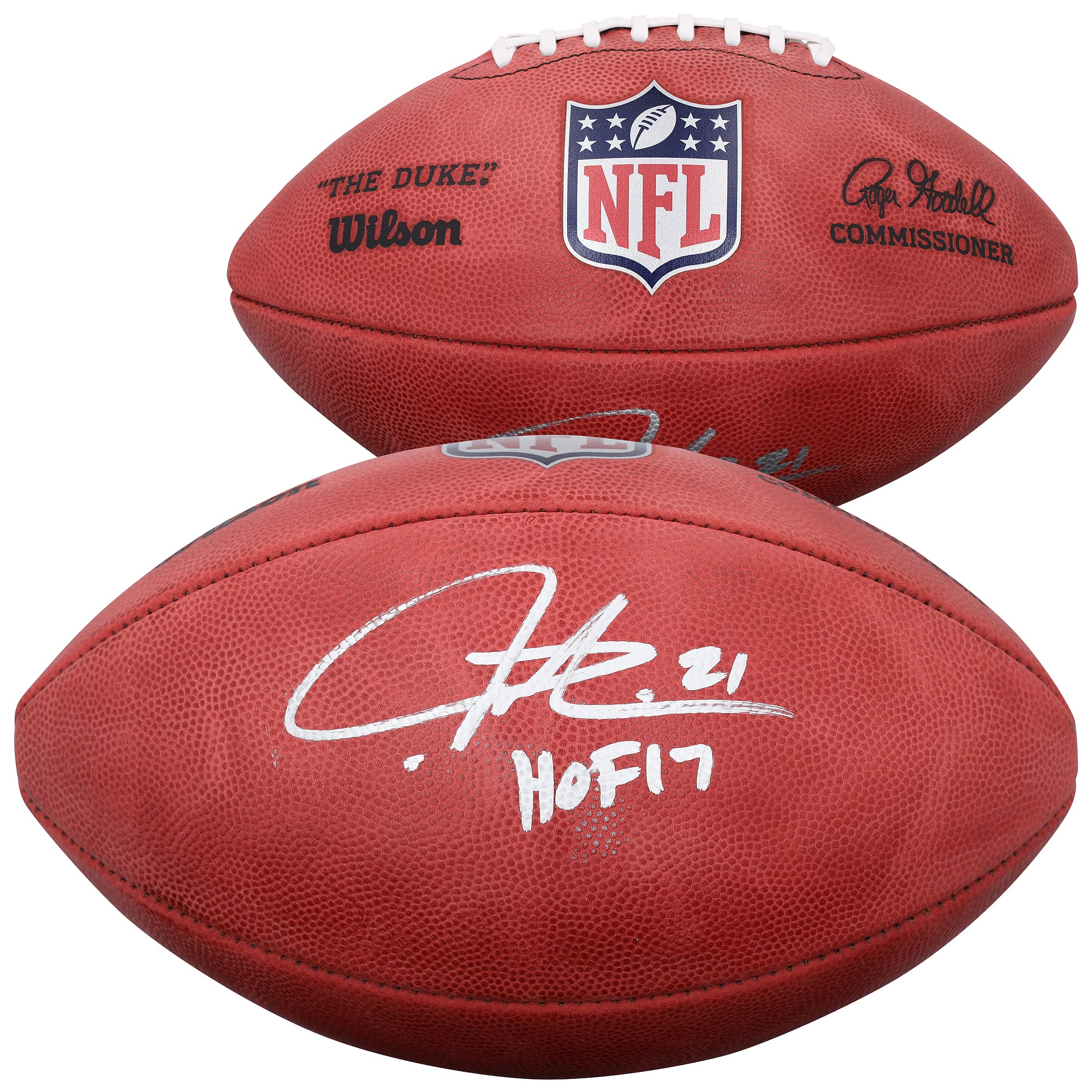 Ballon de football Wilson Duke en couleur, autographié par LaDainian Tomlinson (Los Angeles Chargers), avec inscription « HOF 17 ».