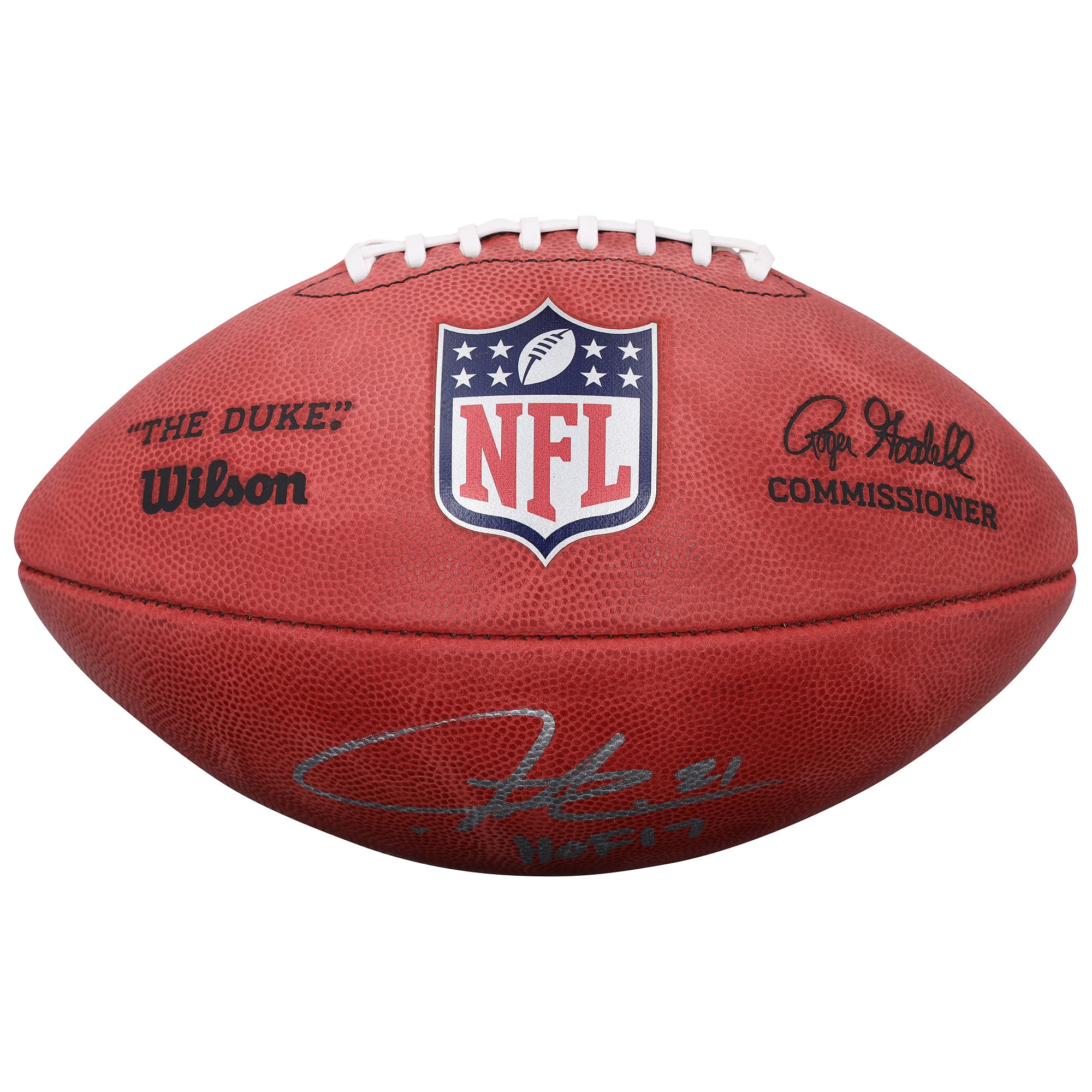 Ballon de football Wilson Duke en couleur, autographié par LaDainian Tomlinson (Los Angeles Chargers), avec inscription « HOF 17 ».