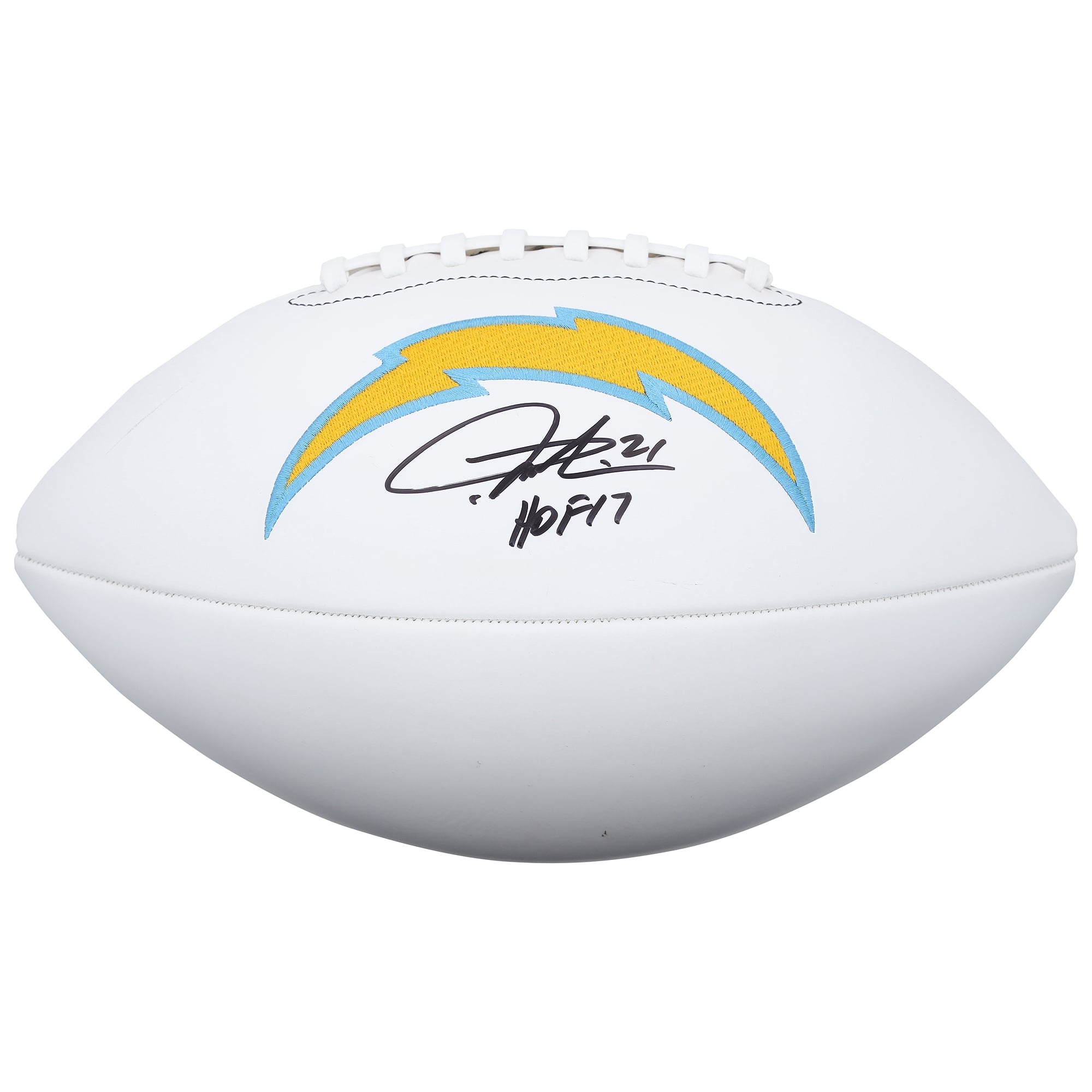 Ballon de football Wilson White Panel autographié par LaDainian Tomlinson des Chargers de Los Angeles avec inscription « HOF 17 »