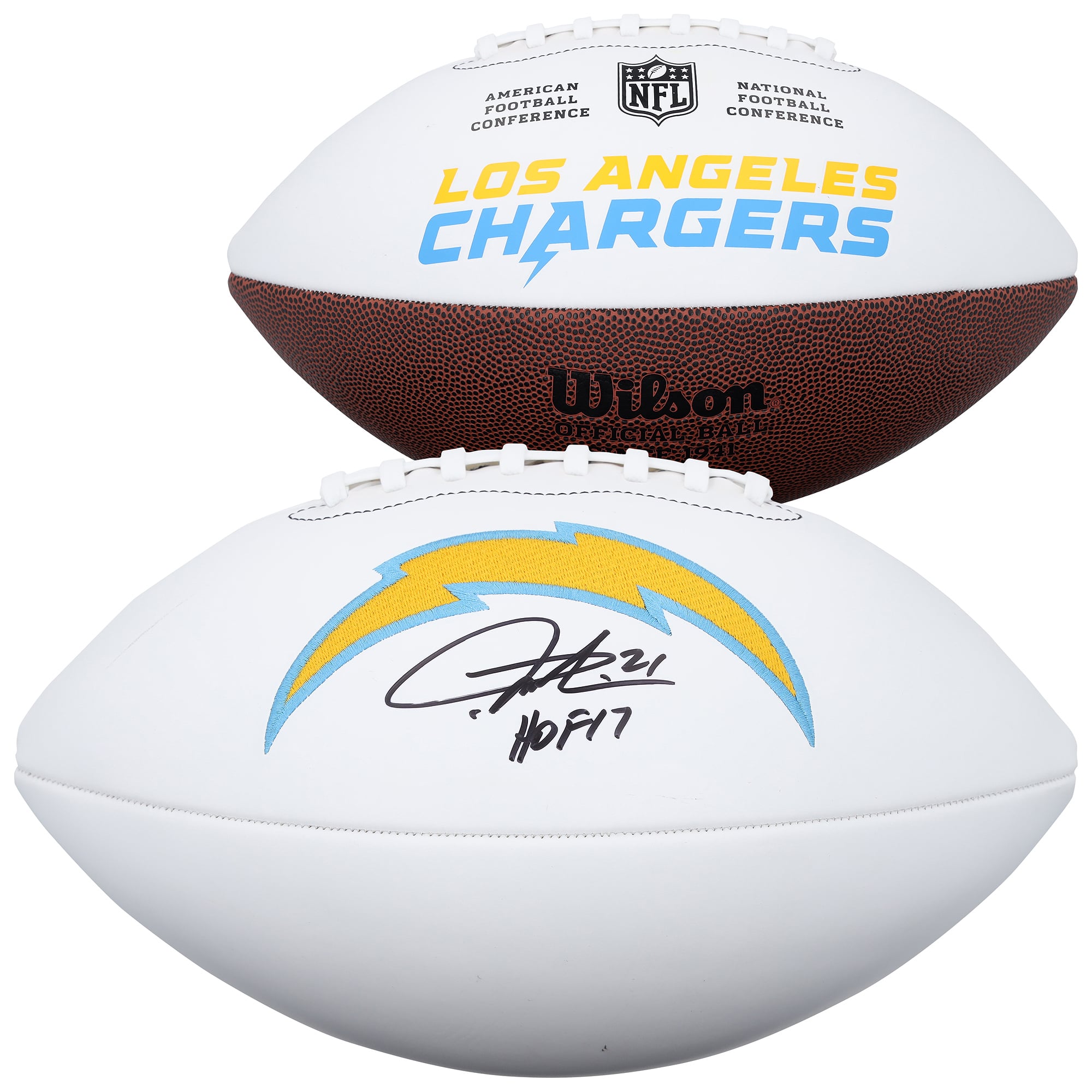 Ballon de football Wilson White Panel autographié par LaDainian Tomlinson des Chargers de Los Angeles avec inscription « HOF 17 »