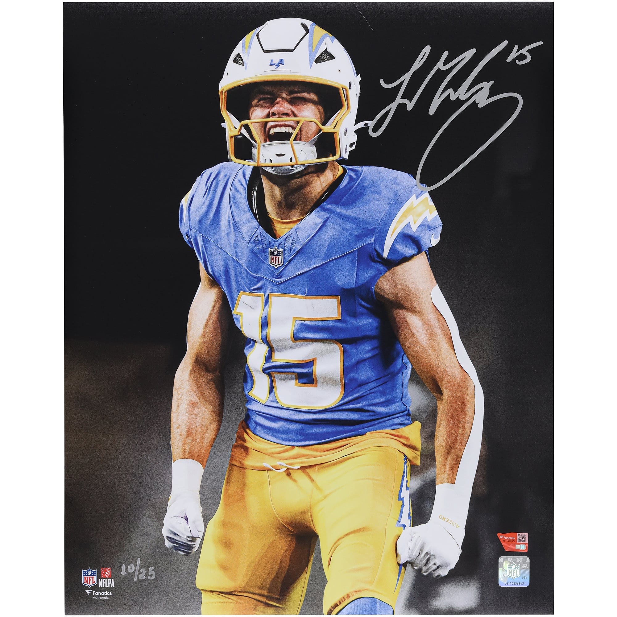 Photo dédicacée de Ladd McConkey (Los Angeles Chargers) - 40,6 x 50,8 cm (édition limitée à 25 exemplaires)