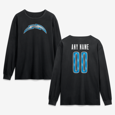 Los Angeles Chargers  Metallic Mascot Personalized Name & Number Long Sleeve T-Shirt - Black