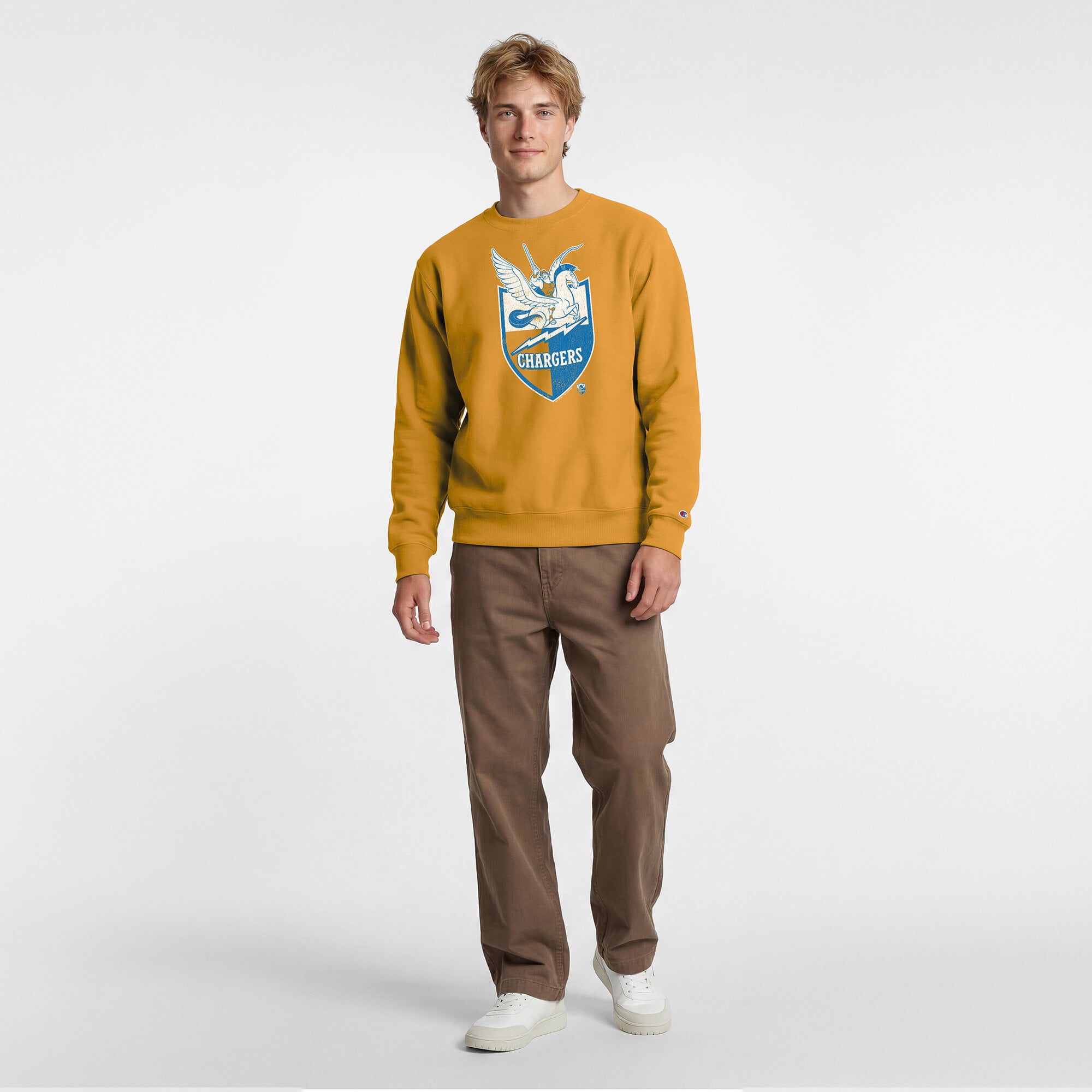 Men's Disney x Champion Gold Los Angeles Chargers Hercules & Pegasus Powerblend Sweatshirt