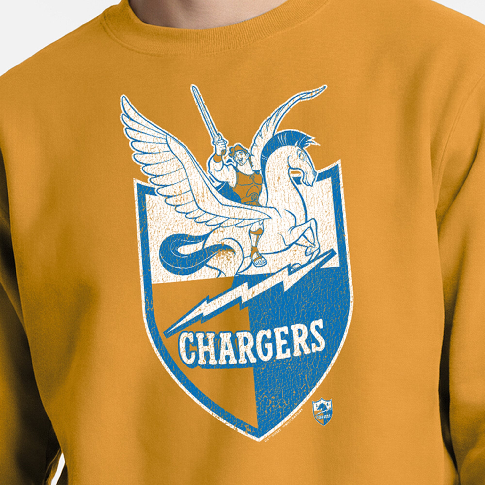 Men's Disney x Champion Gold Los Angeles Chargers Hercules & Pegasus Powerblend Sweatshirt