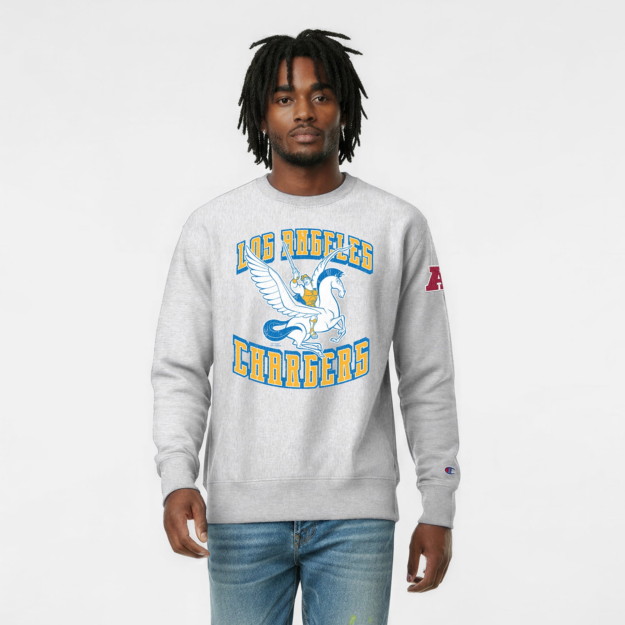 Sweat-shirt homme Disney x Champion gris chiné Los Angeles Chargers Hercule et Pégase à tissage inversé