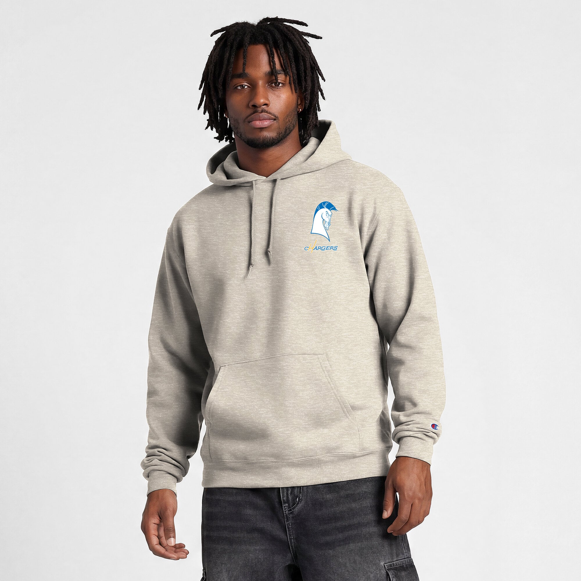 Sweat à capuche Disney x Champion Powerblend Fullback couleur avoine pour homme, Los Angeles Chargers