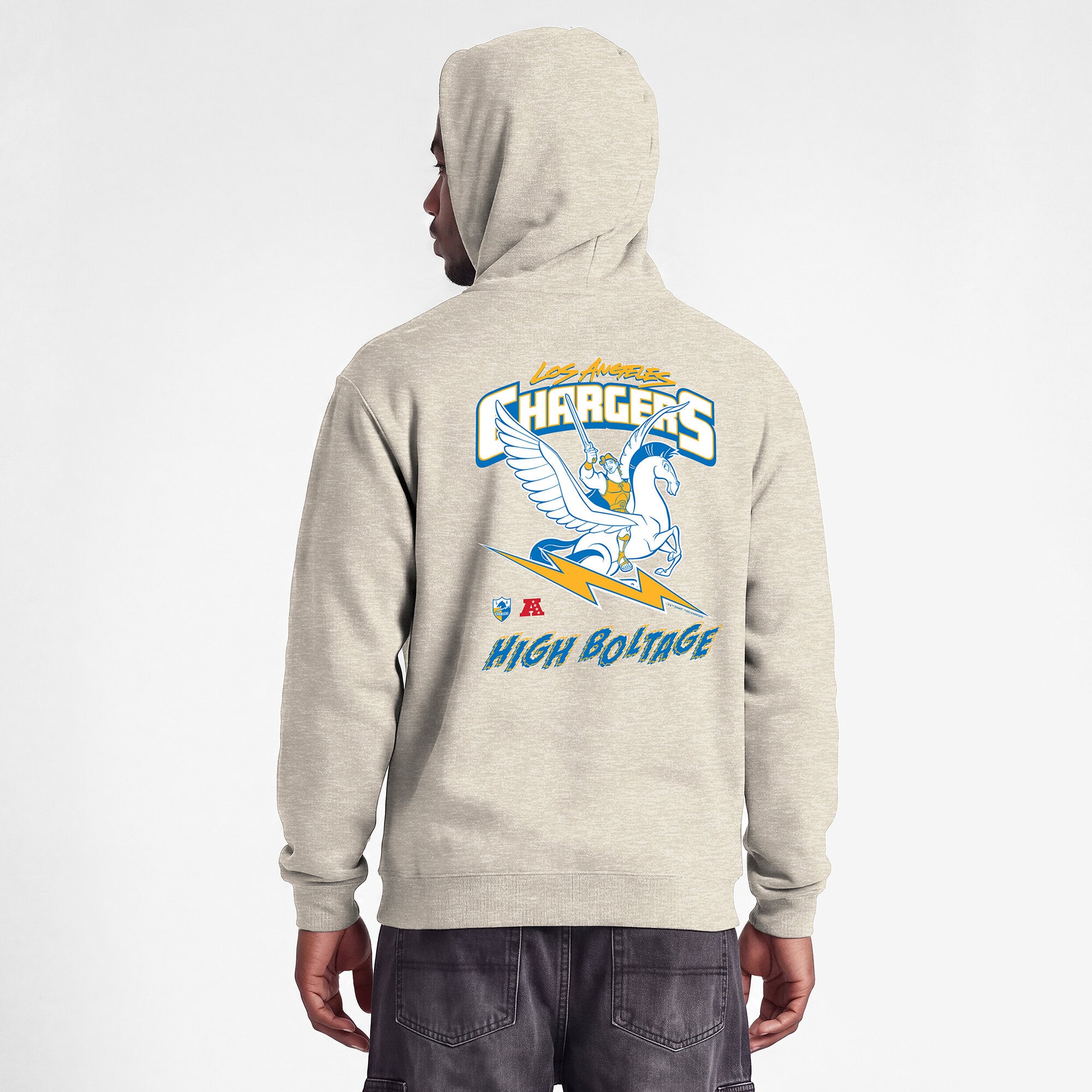 Sweat à capuche Disney x Champion Powerblend Fullback couleur avoine pour homme, Los Angeles Chargers