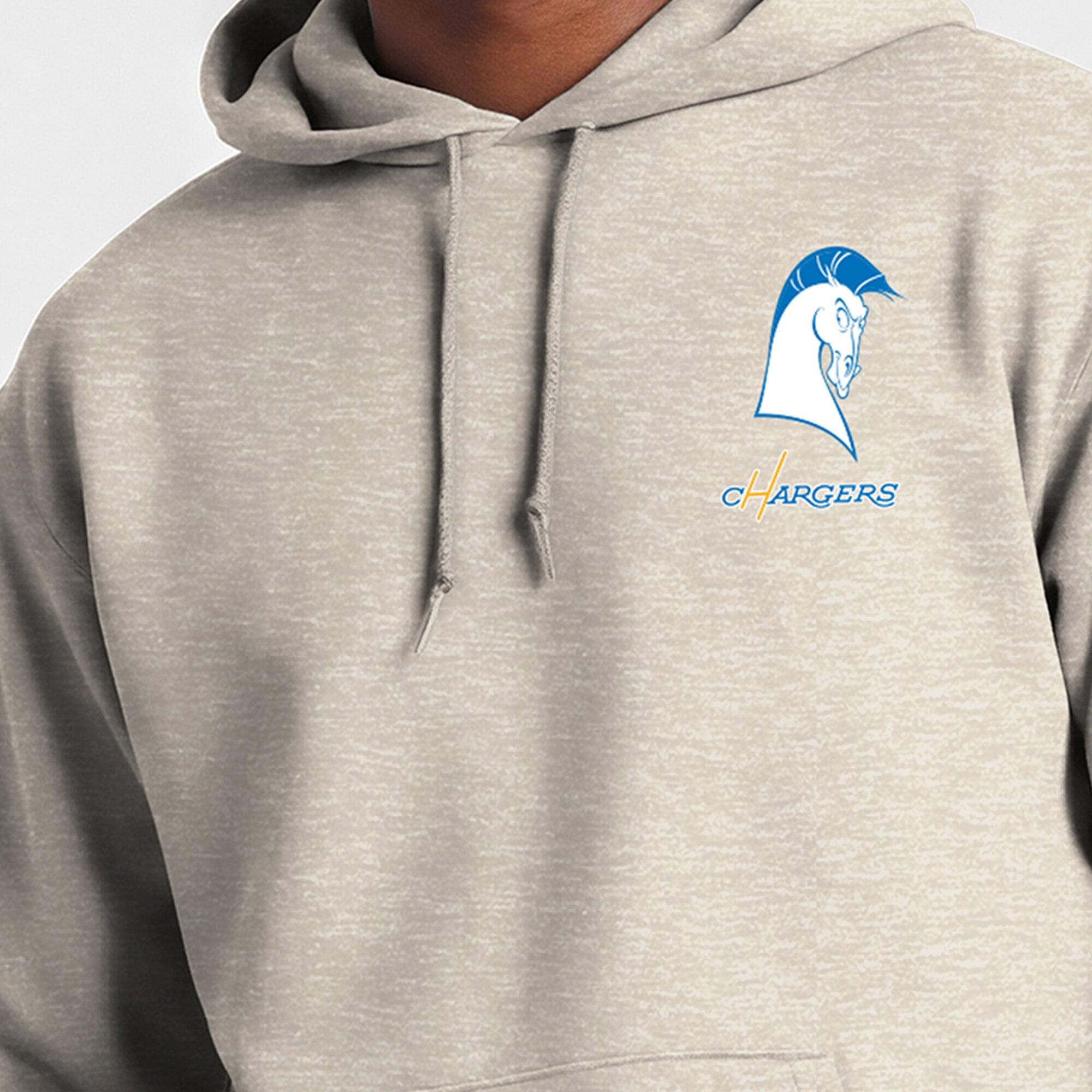 Sweat à capuche Disney x Champion Powerblend Fullback couleur avoine pour homme, Los Angeles Chargers