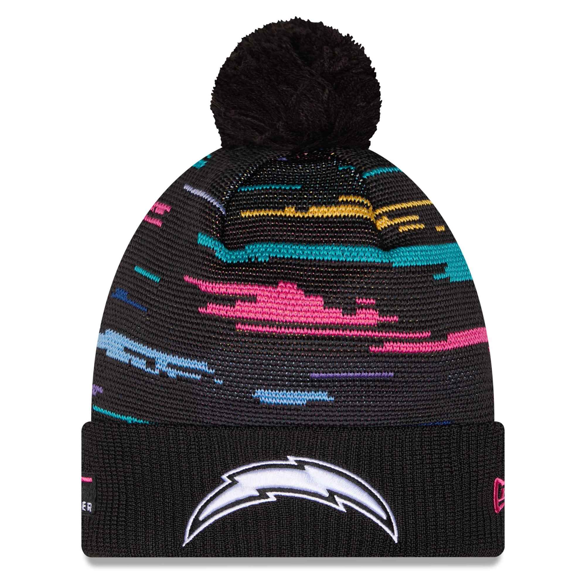 Bonnet à revers noir New Era Los Angeles Chargers 2026 NFL Crucial Catch pour homme avec pompon