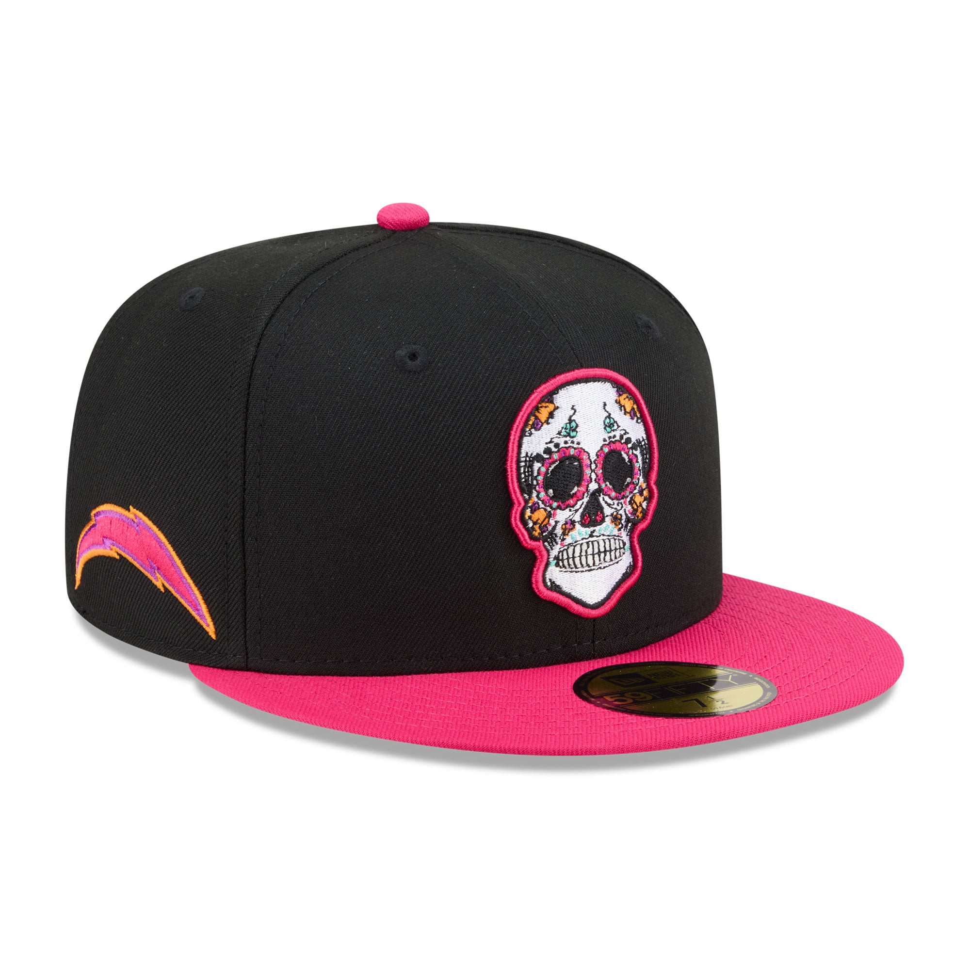 Casquette ajustée New Era 59FIFTY pour homme, noire et rose, Los Angeles Chargers, édition spéciale Jour des Morts
