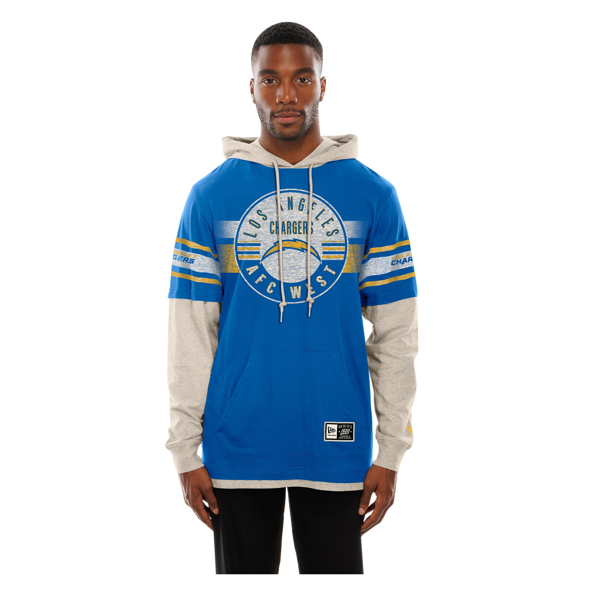 T-shirt à capuche manches longues superposées New Era bleu Los Angeles Chargers pour homme