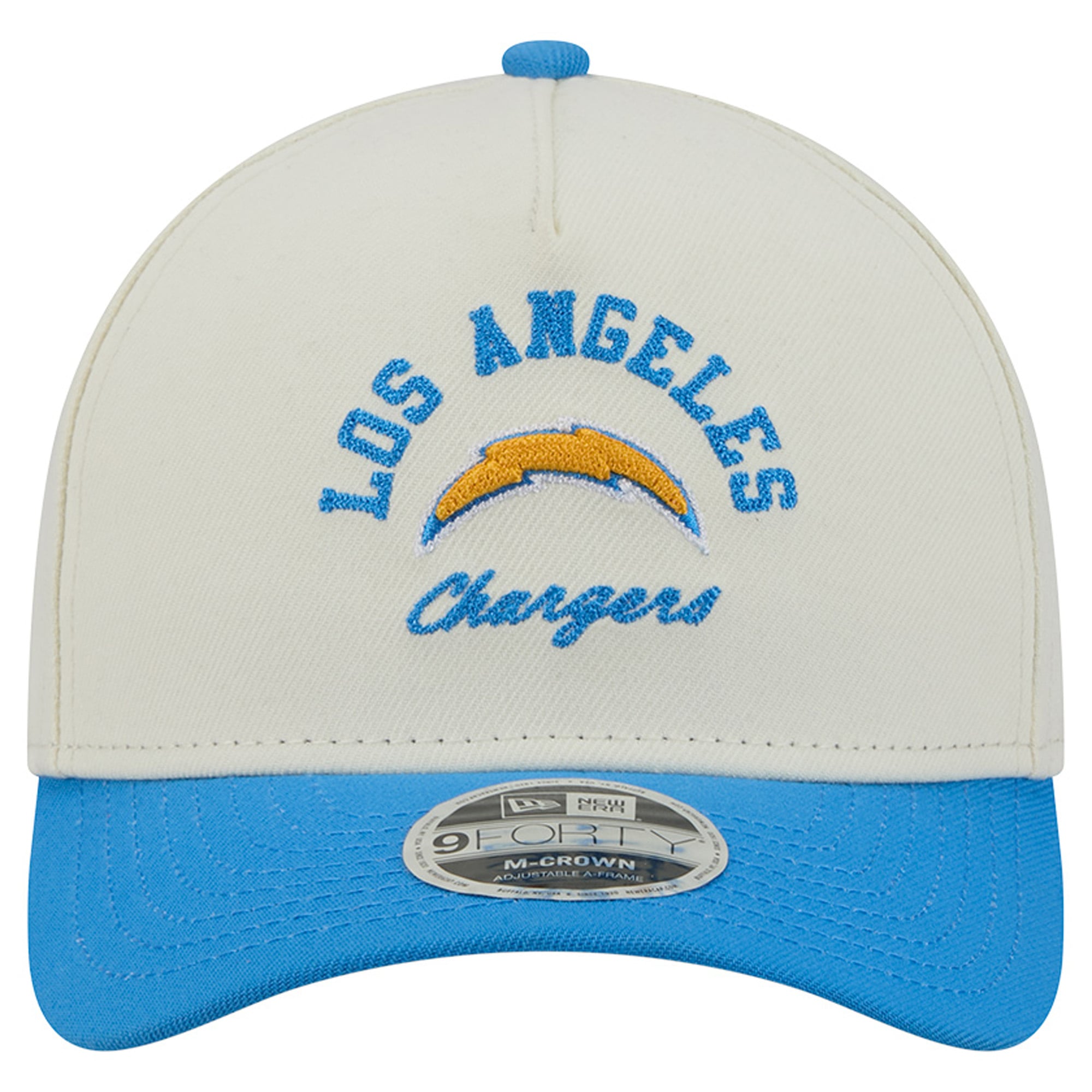 Casquette ajustable New Era Arch 9FORTY A-Frame M-Crown pour homme, couleur crème/bleu poudré, Los Angeles Chargers
