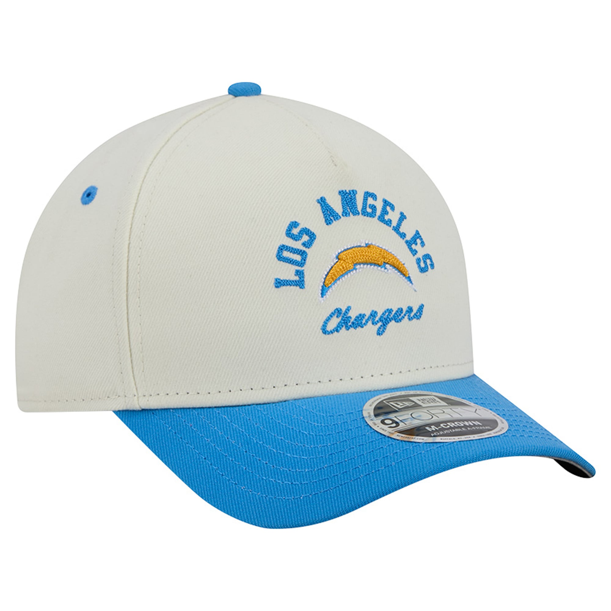 Casquette ajustable New Era Arch 9FORTY A-Frame M-Crown pour homme, couleur crème/bleu poudré, Los Angeles Chargers