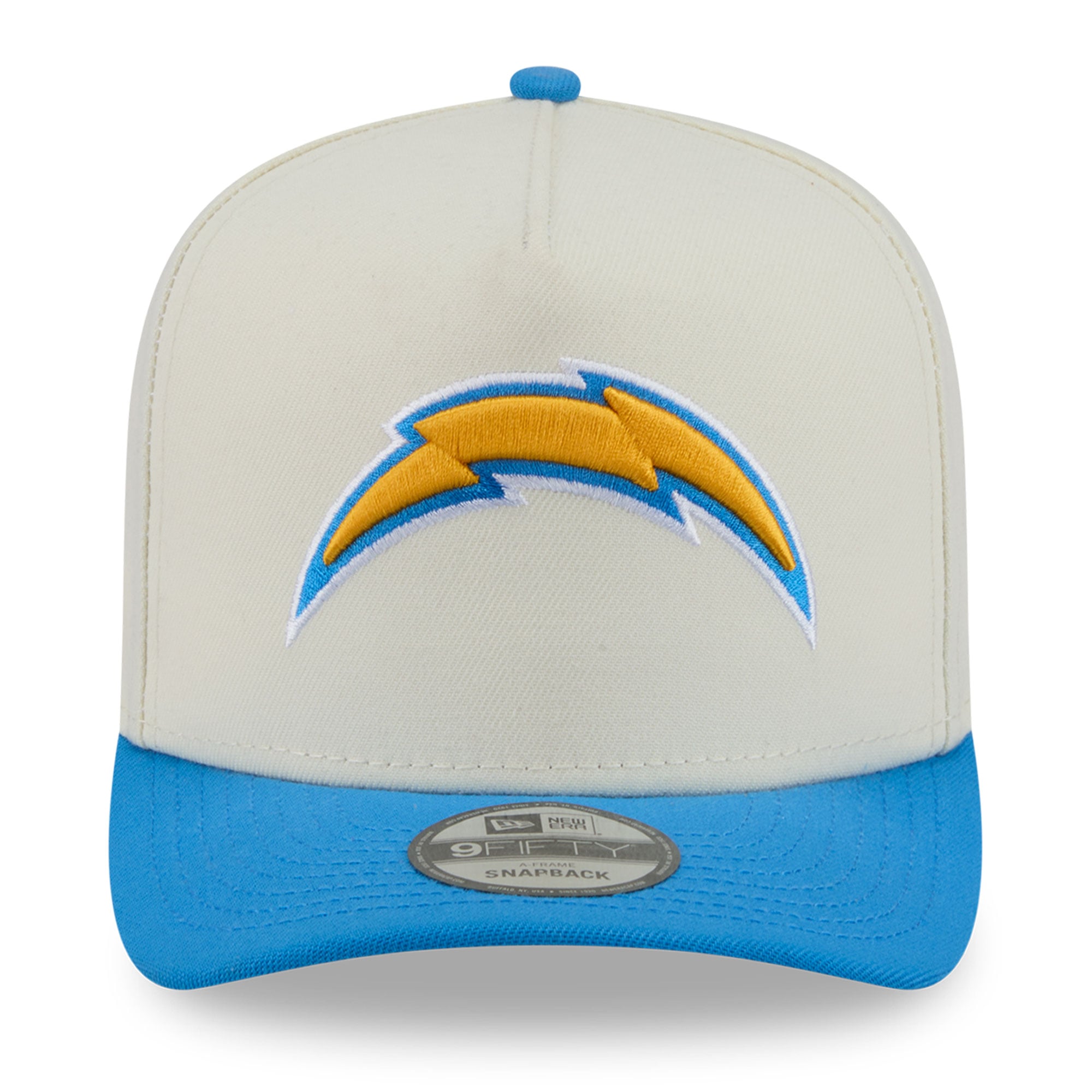 Casquette snapback New Era 9FIFTY pour homme, crème/bleu poudré, logo Los Angeles Chargers à l'arrière.