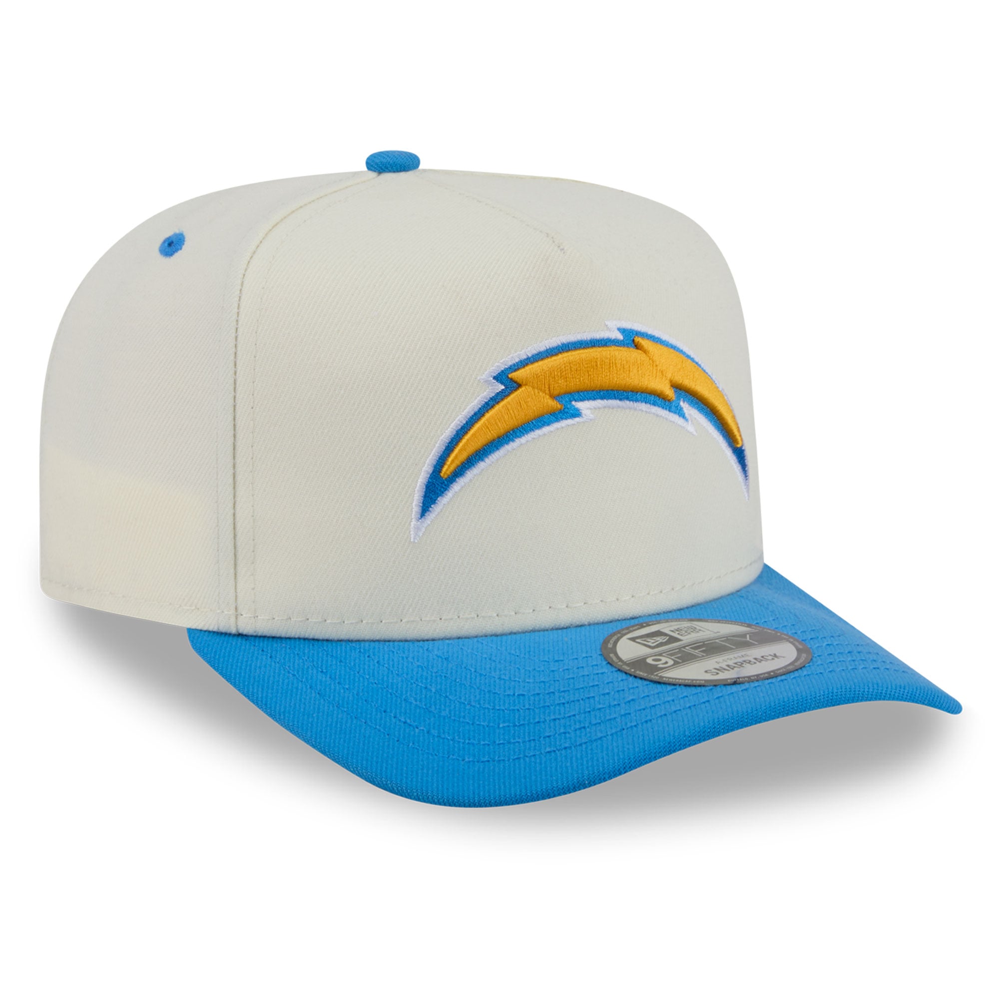 Casquette snapback New Era 9FIFTY pour homme, crème/bleu poudré, logo Los Angeles Chargers à l'arrière.