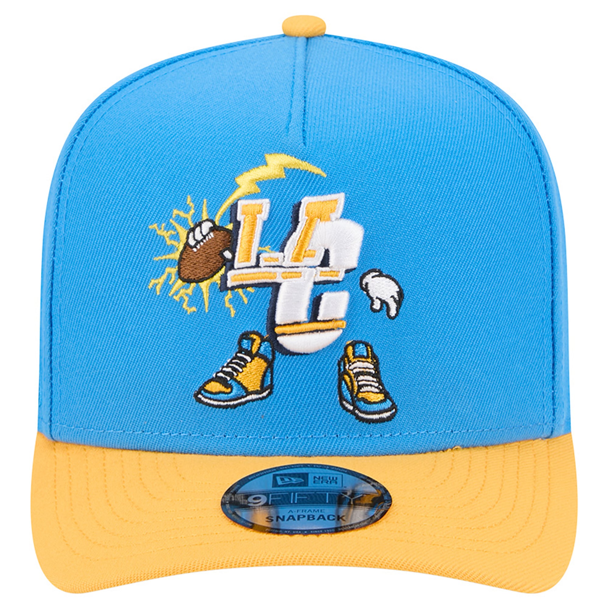 Casquette snapback New Era 9FIFTY pour homme, bleu poudre/or, Los Angeles Chargers, motif dessin animé en forme de A.
