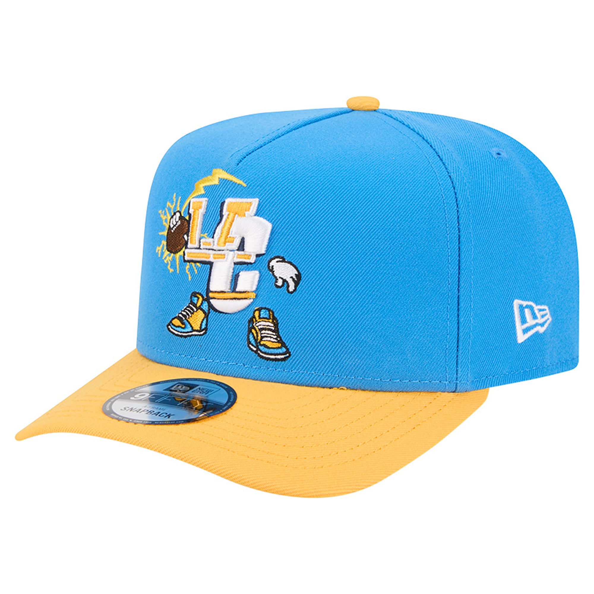 Casquette snapback New Era 9FIFTY pour homme, bleu poudre/or, Los Angeles Chargers, motif dessin animé en forme de A.