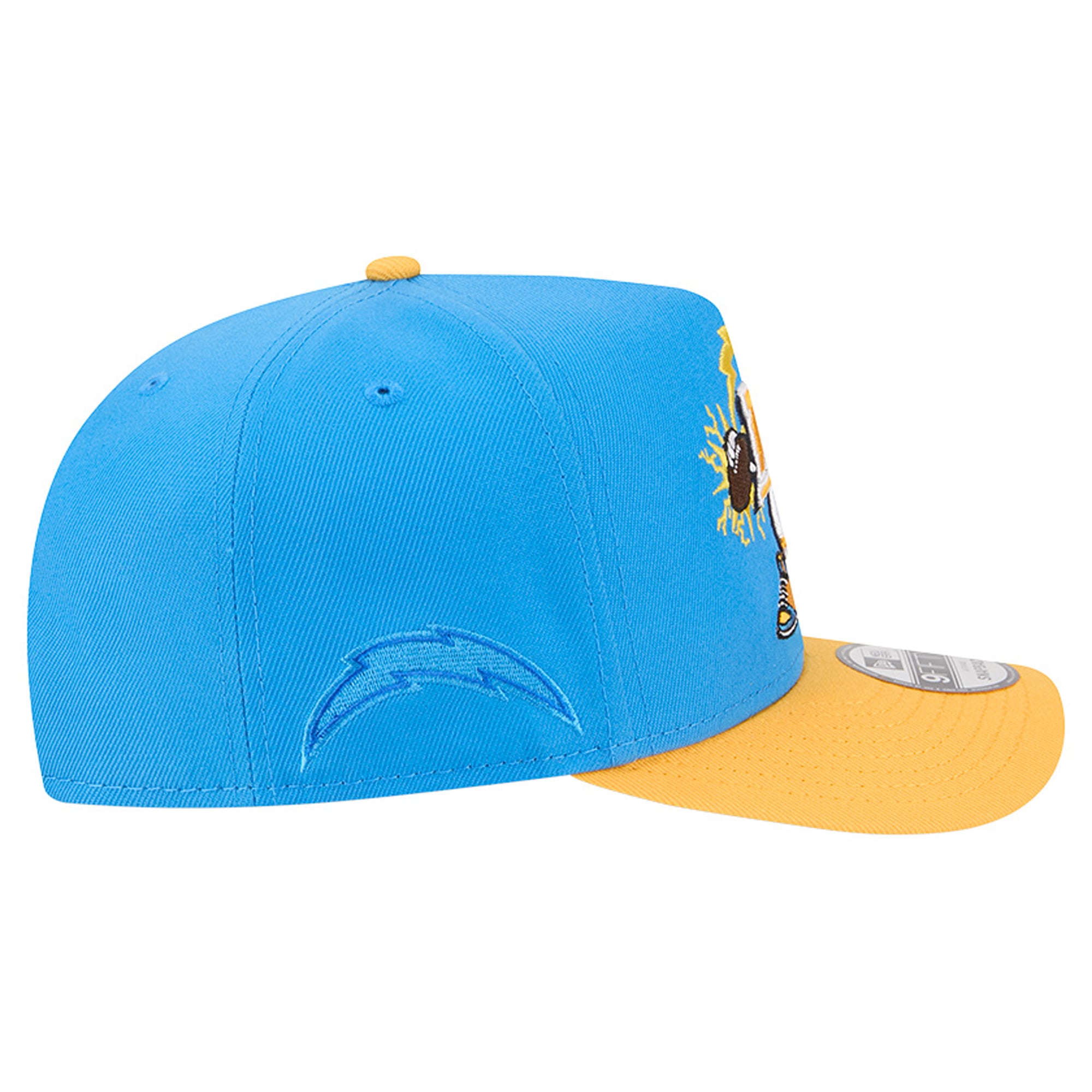 Casquette snapback New Era 9FIFTY pour homme, bleu poudre/or, Los Angeles Chargers, motif dessin animé en forme de A.