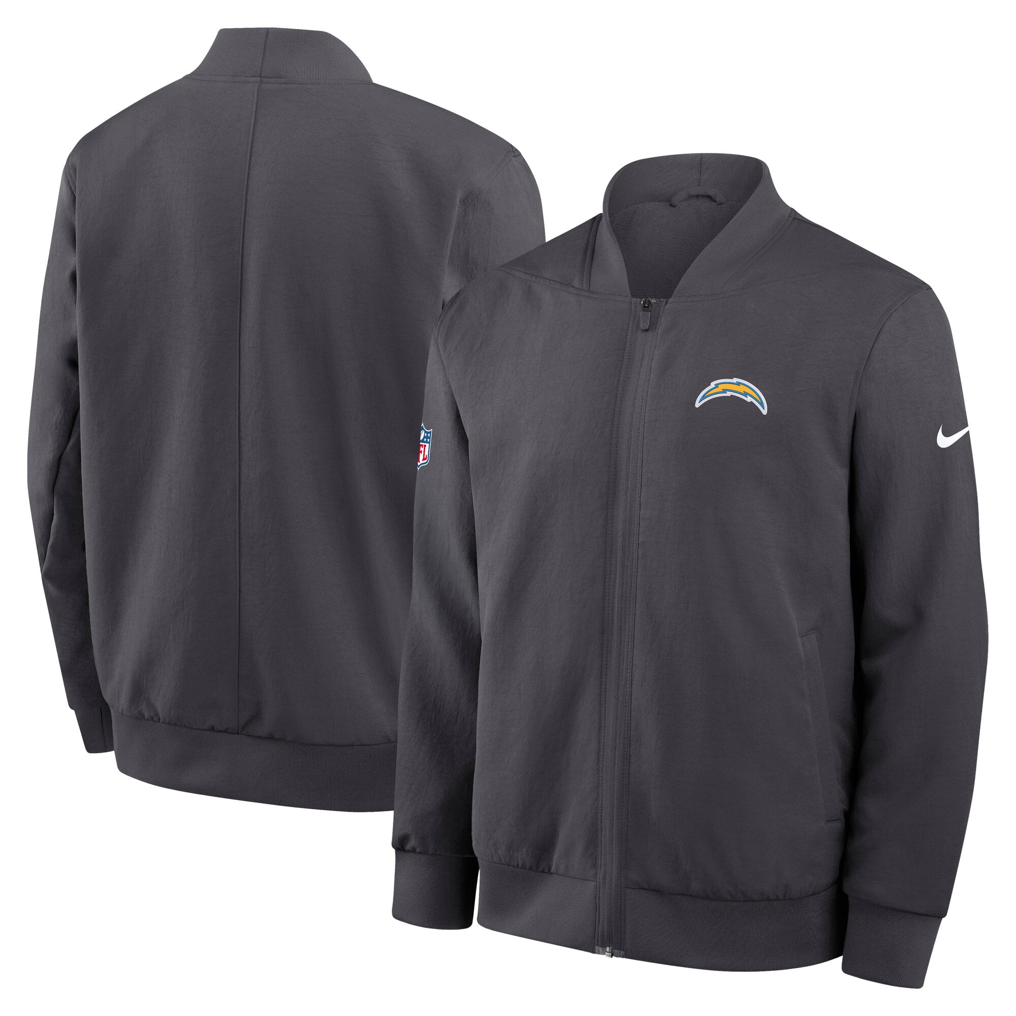 Veste bomber zippée intégrale Nike Dri-FIT anthracite pour homme, Los Angeles Chargers, modèle Sideline Powerful Blocking.