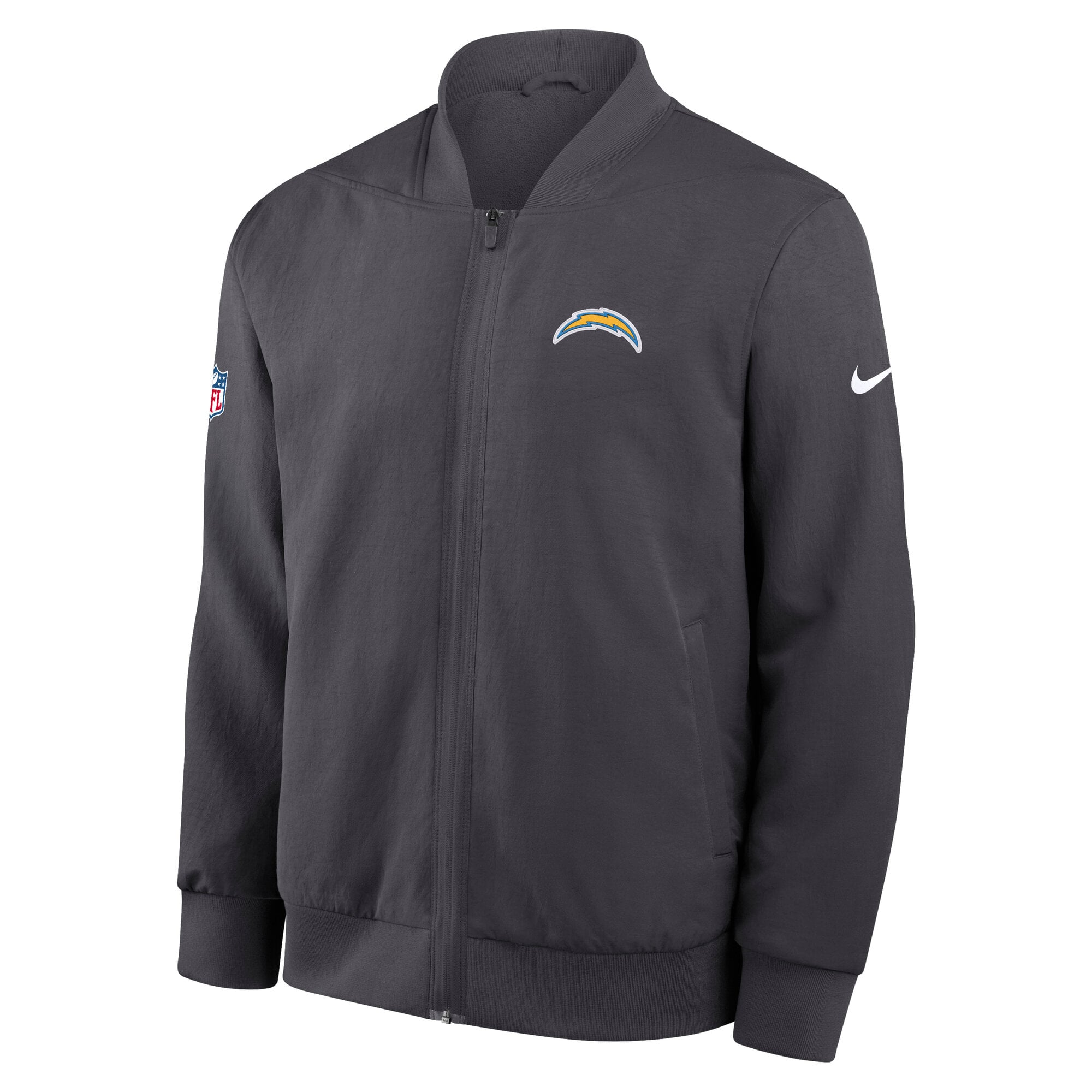 Veste bomber zippée intégrale Nike Dri-FIT anthracite pour homme, Los Angeles Chargers, modèle Sideline Powerful Blocking.