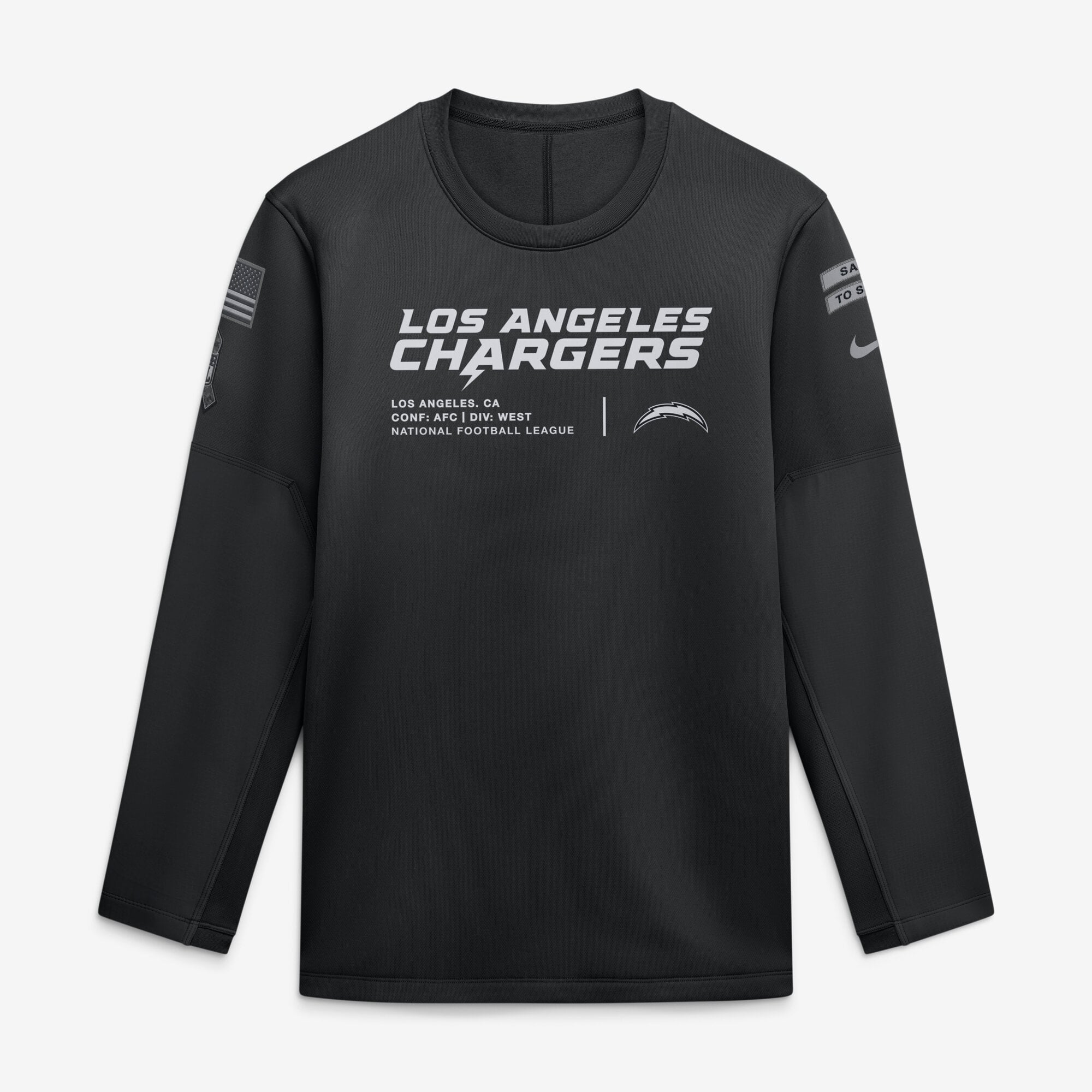 Sweat-shirt Nike noir pour homme Los Angeles Chargers 2026 Salute to Service Sideline Coaches à col rond et coupe Therma-FIT
